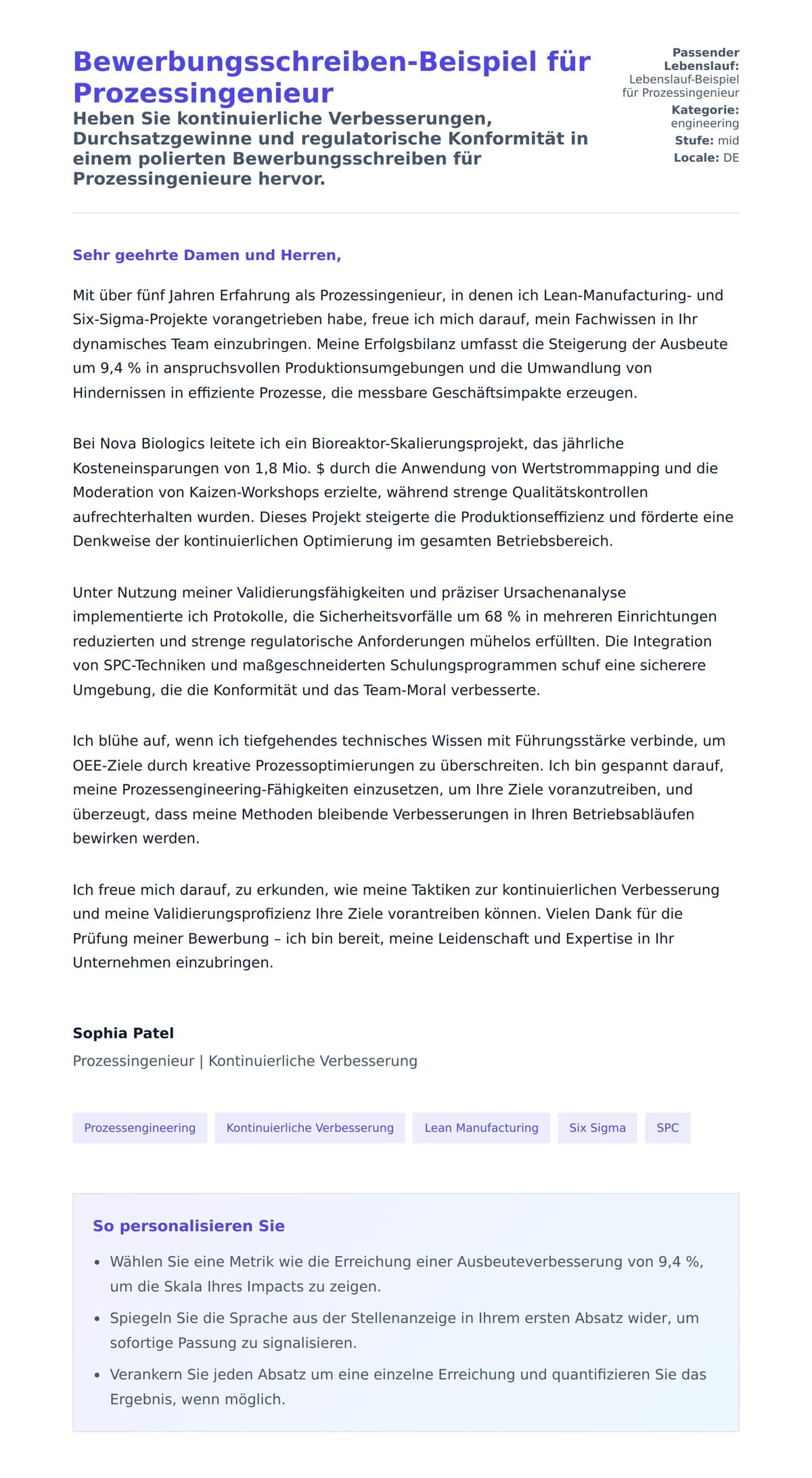 Anschreiben‑Vorschau für Bewerbungsschreiben-Beispiel für Prozessingenieur