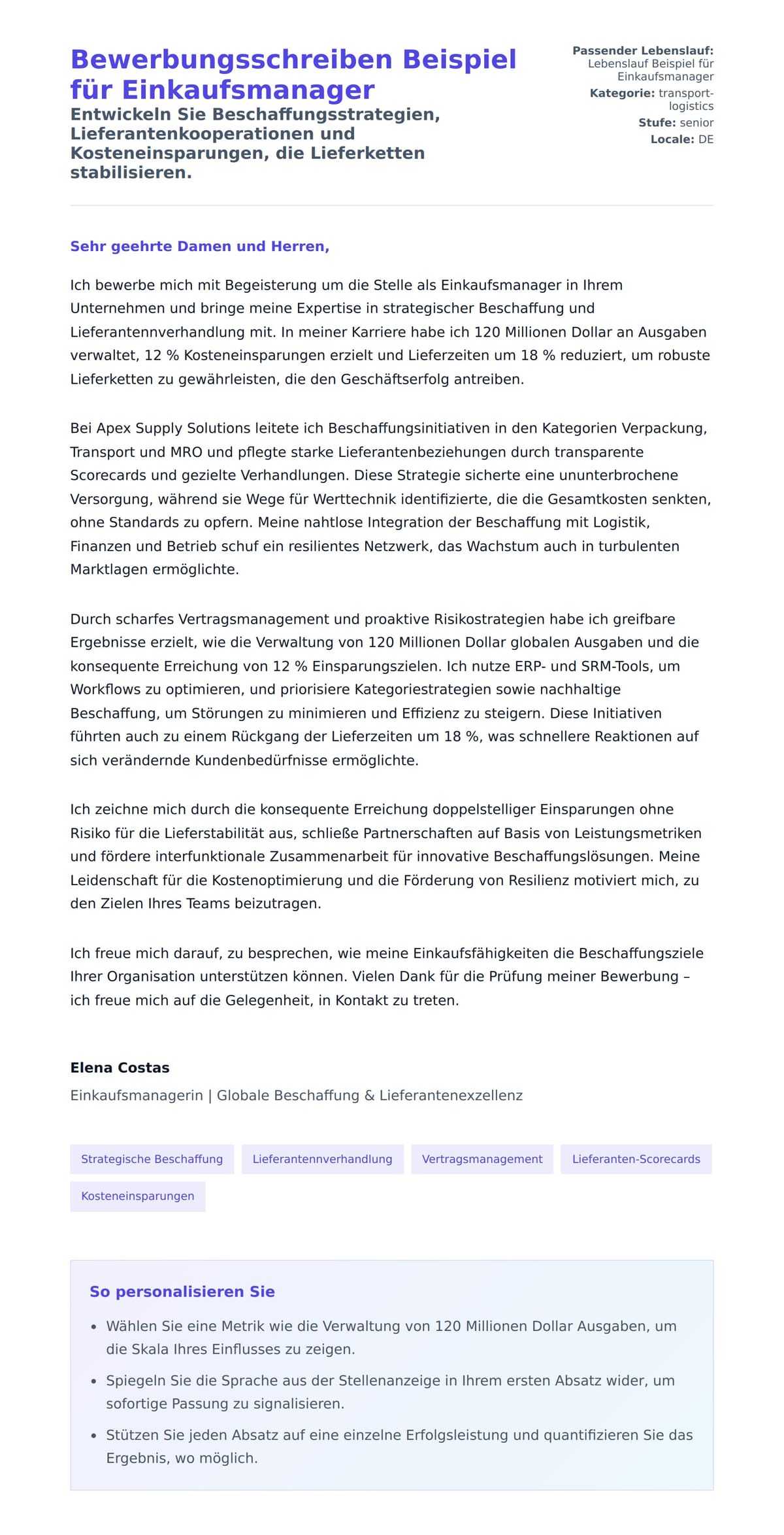 Anschreiben‑Vorschau für Bewerbungsschreiben Beispiel für Einkaufsmanager