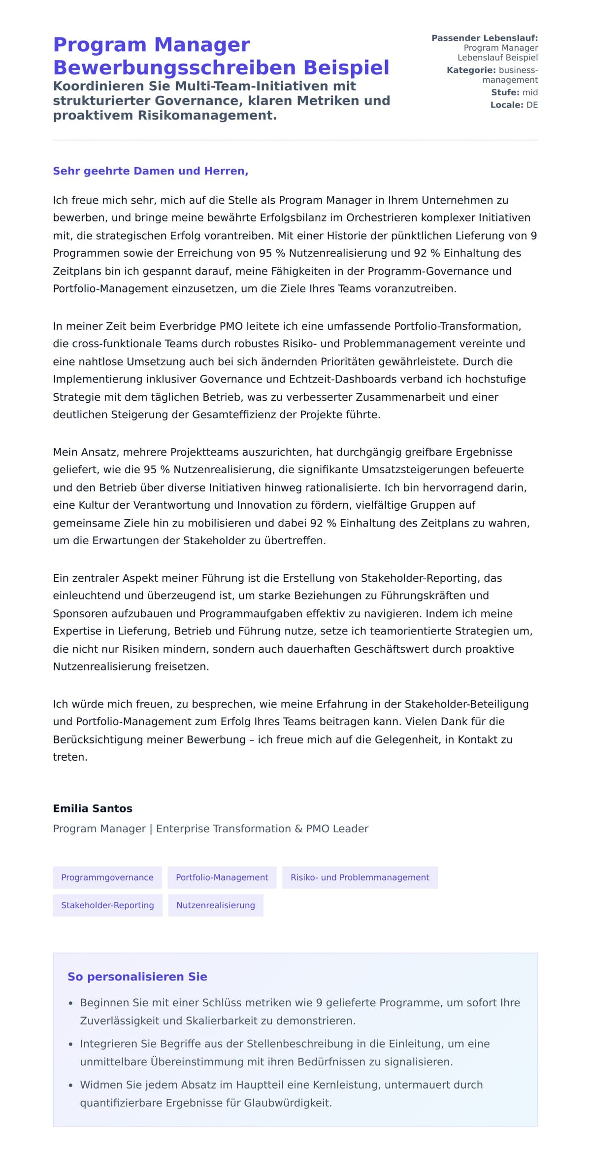 Anschreiben‑Vorschau für Program Manager Bewerbungsschreiben Beispiel
