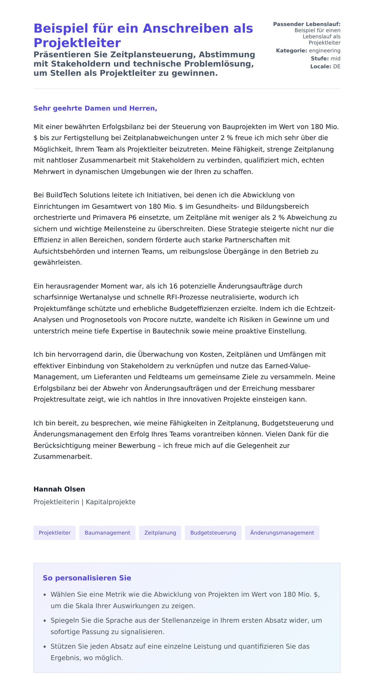 Anschreiben‑Vorschau für Beispiel für ein Anschreiben als Projektleiter