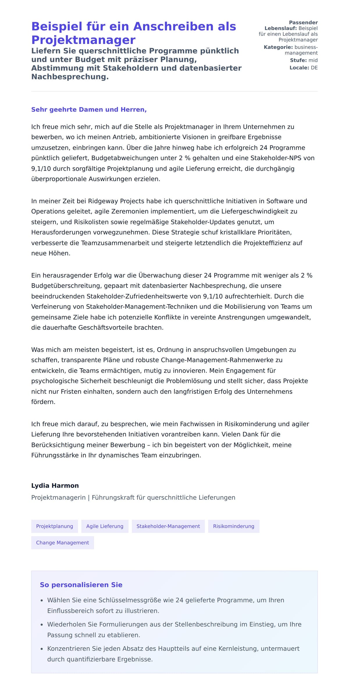 Anschreiben‑Vorschau für Beispiel für ein Anschreiben als Projektmanager