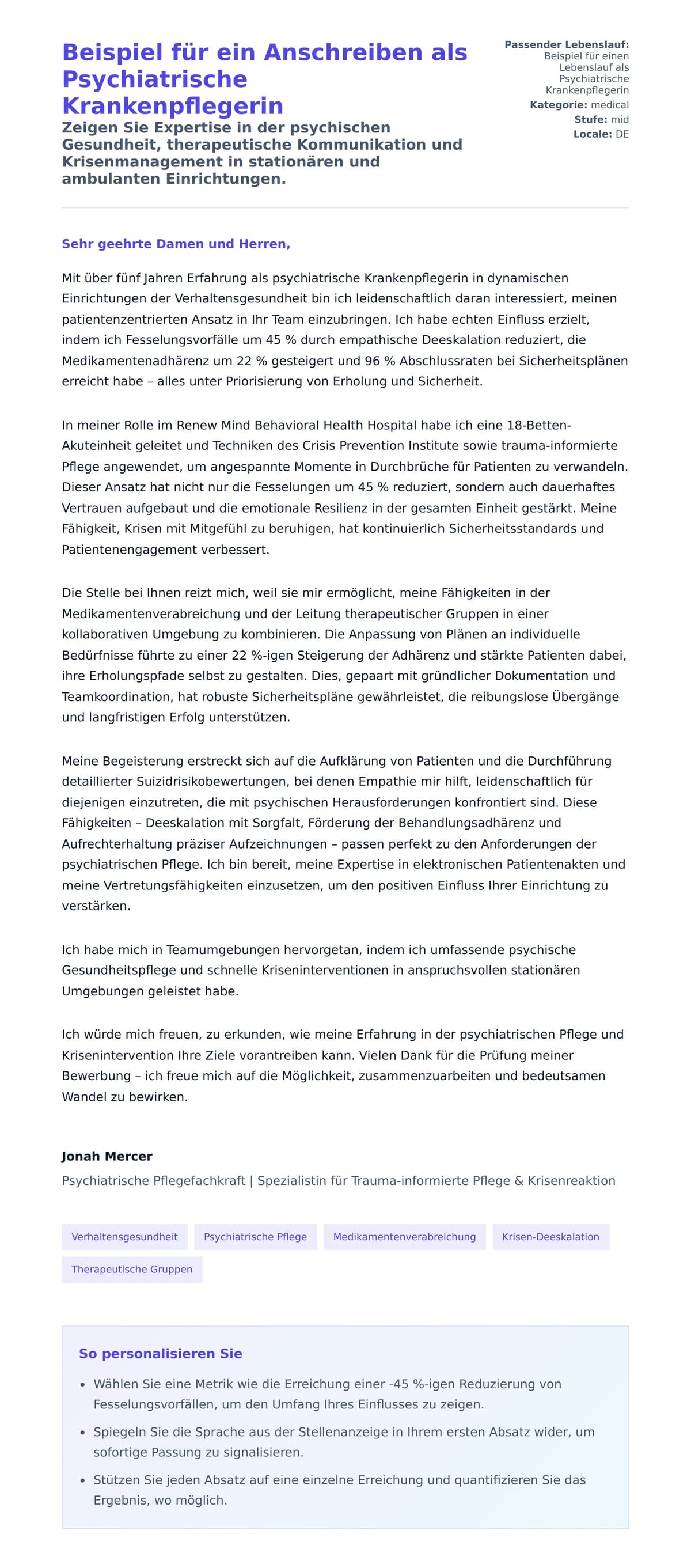 Anschreiben‑Vorschau für Beispiel für ein Anschreiben als Psychiatrische Krankenpflegerin