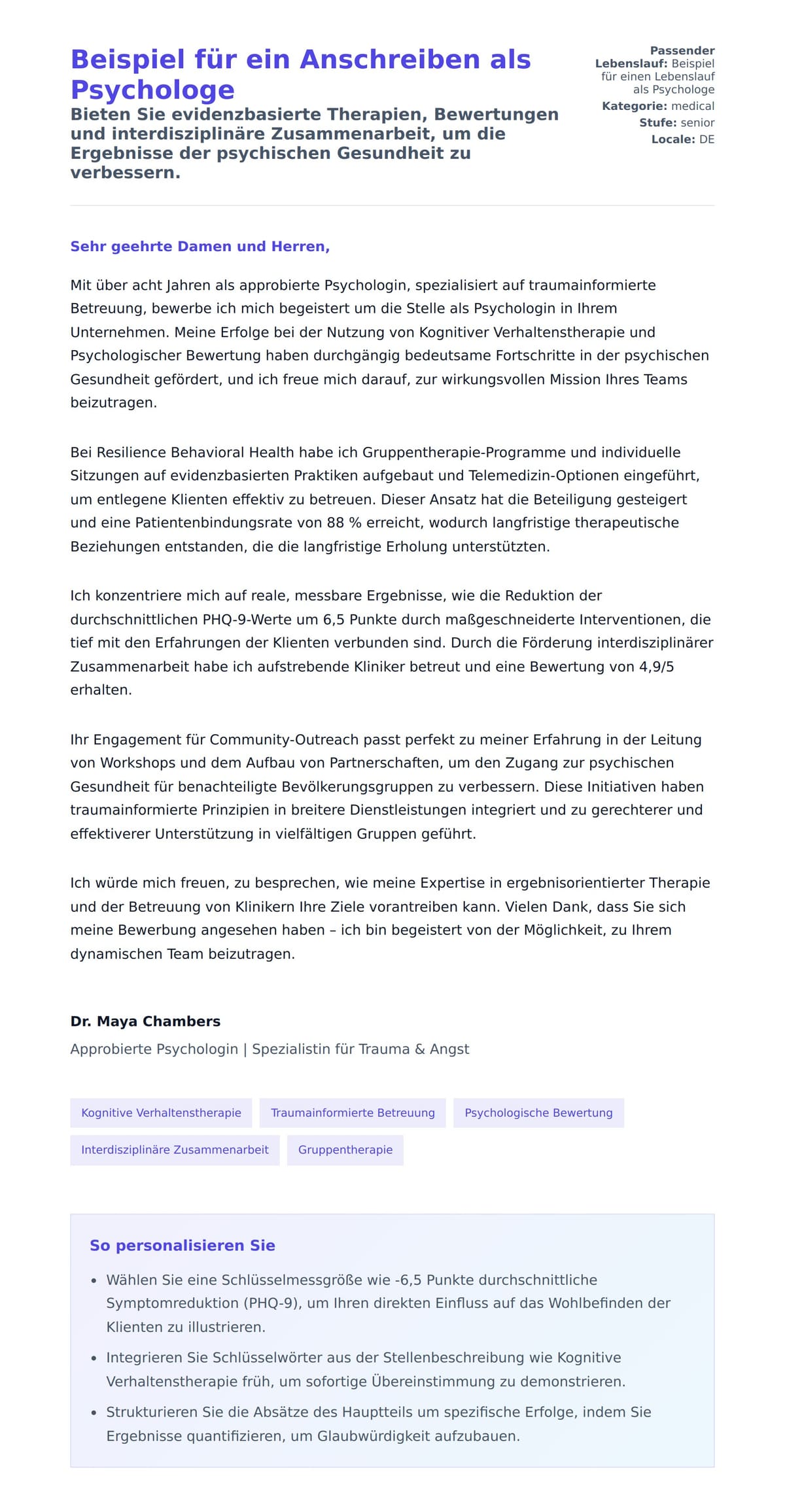 Anschreiben‑Vorschau für Beispiel für ein Anschreiben als Psychologe