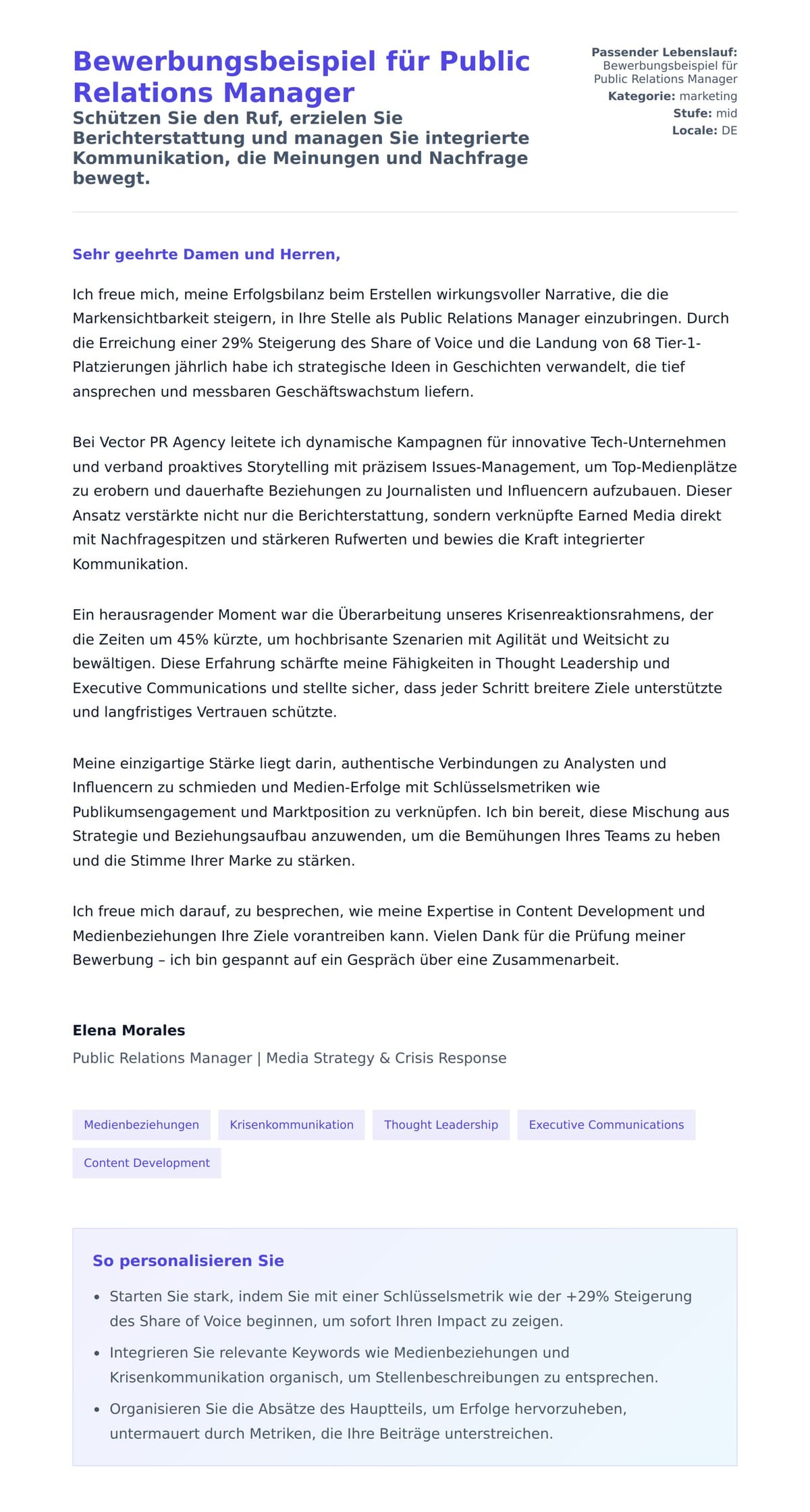 Anschreiben‑Vorschau für Bewerbungsbeispiel für Public Relations Manager