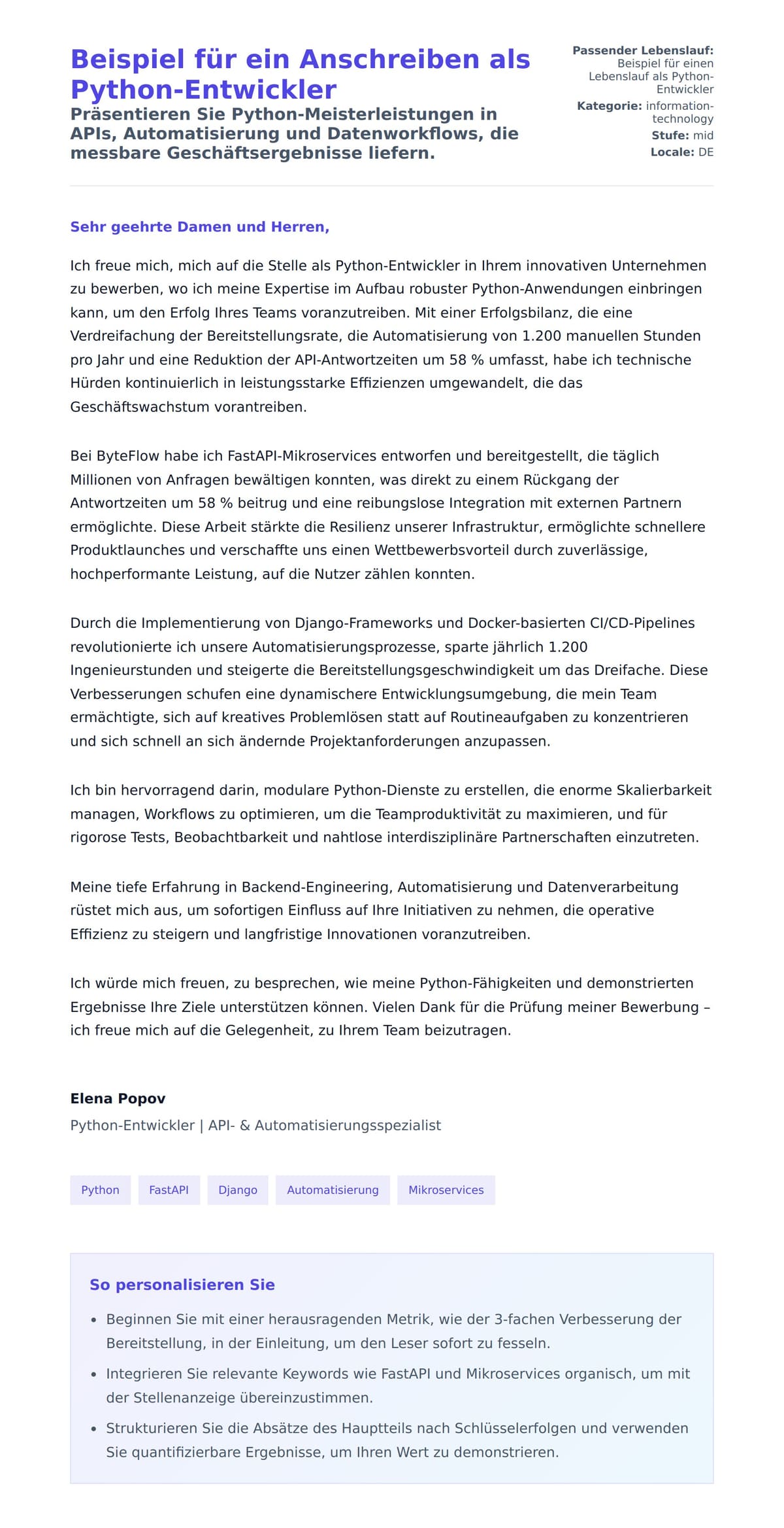 Anschreiben‑Vorschau für Beispiel für ein Anschreiben als Python-Entwickler