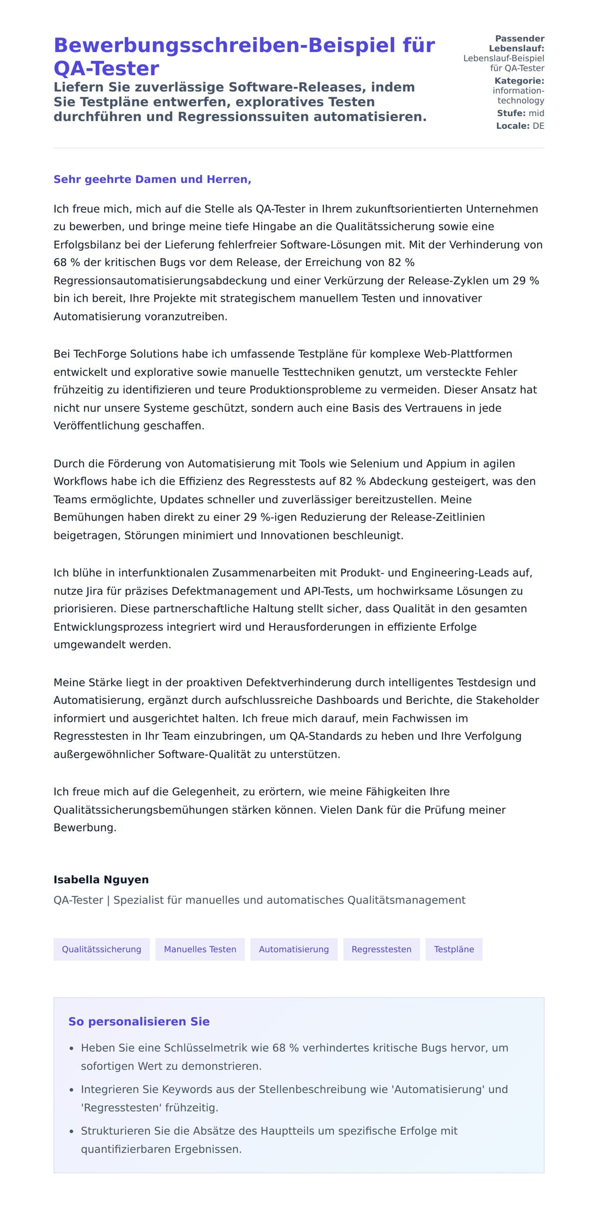 Anschreiben‑Vorschau für Bewerbungsschreiben-Beispiel für QA-Tester