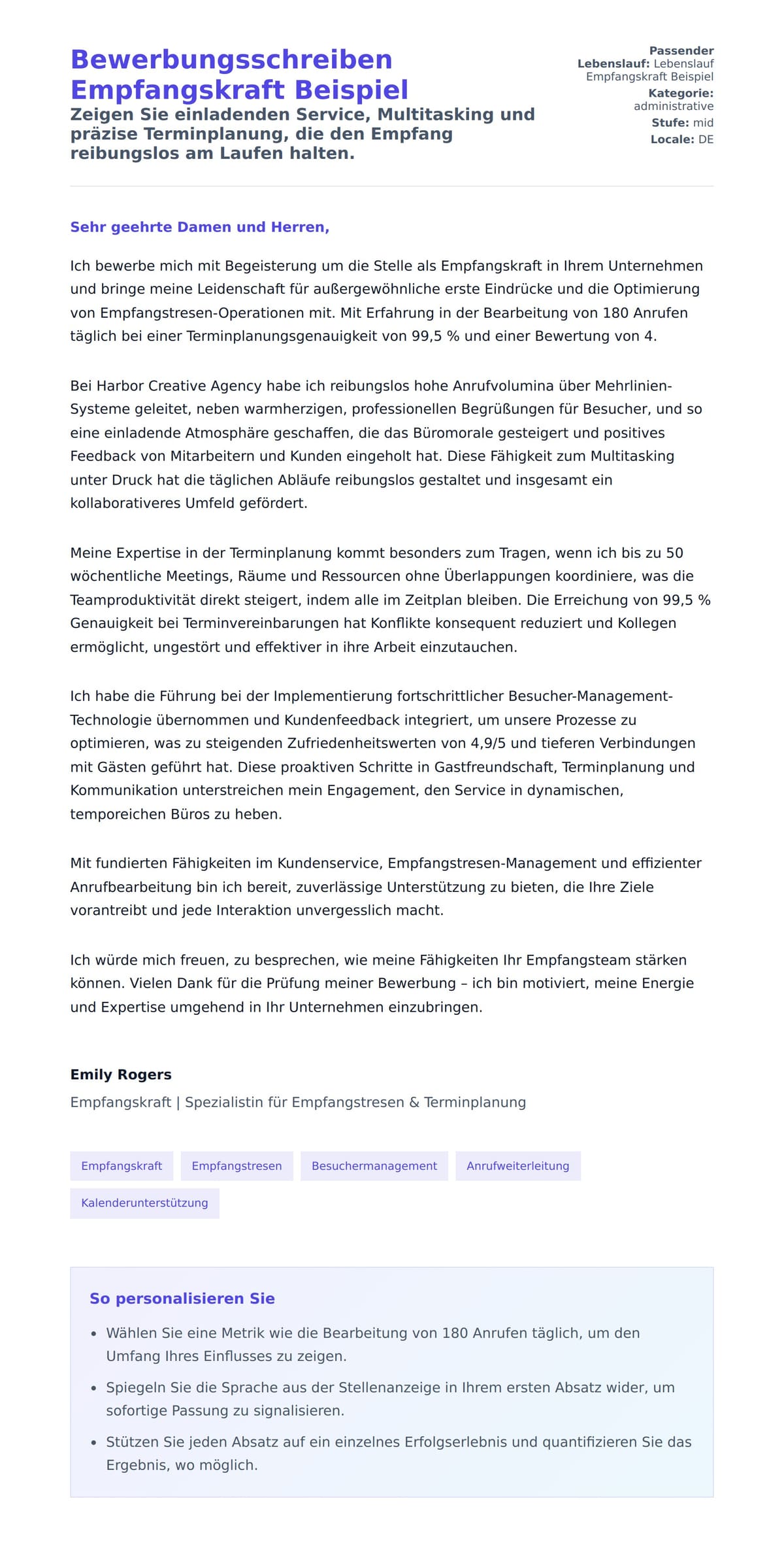 Anschreiben‑Vorschau für Bewerbungsschreiben Empfangskraft Beispiel