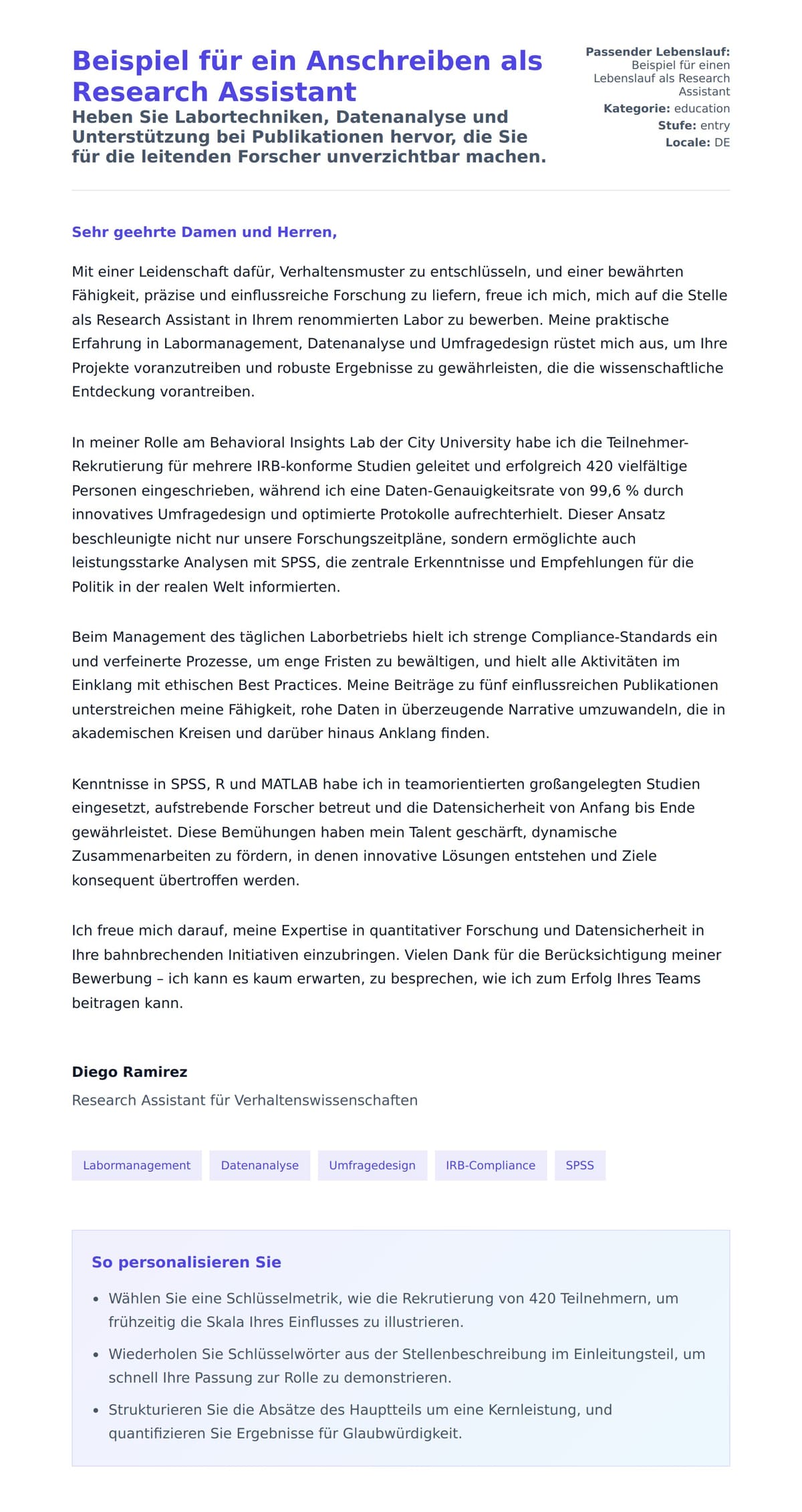 Anschreiben‑Vorschau für Beispiel für ein Anschreiben als Research Assistant