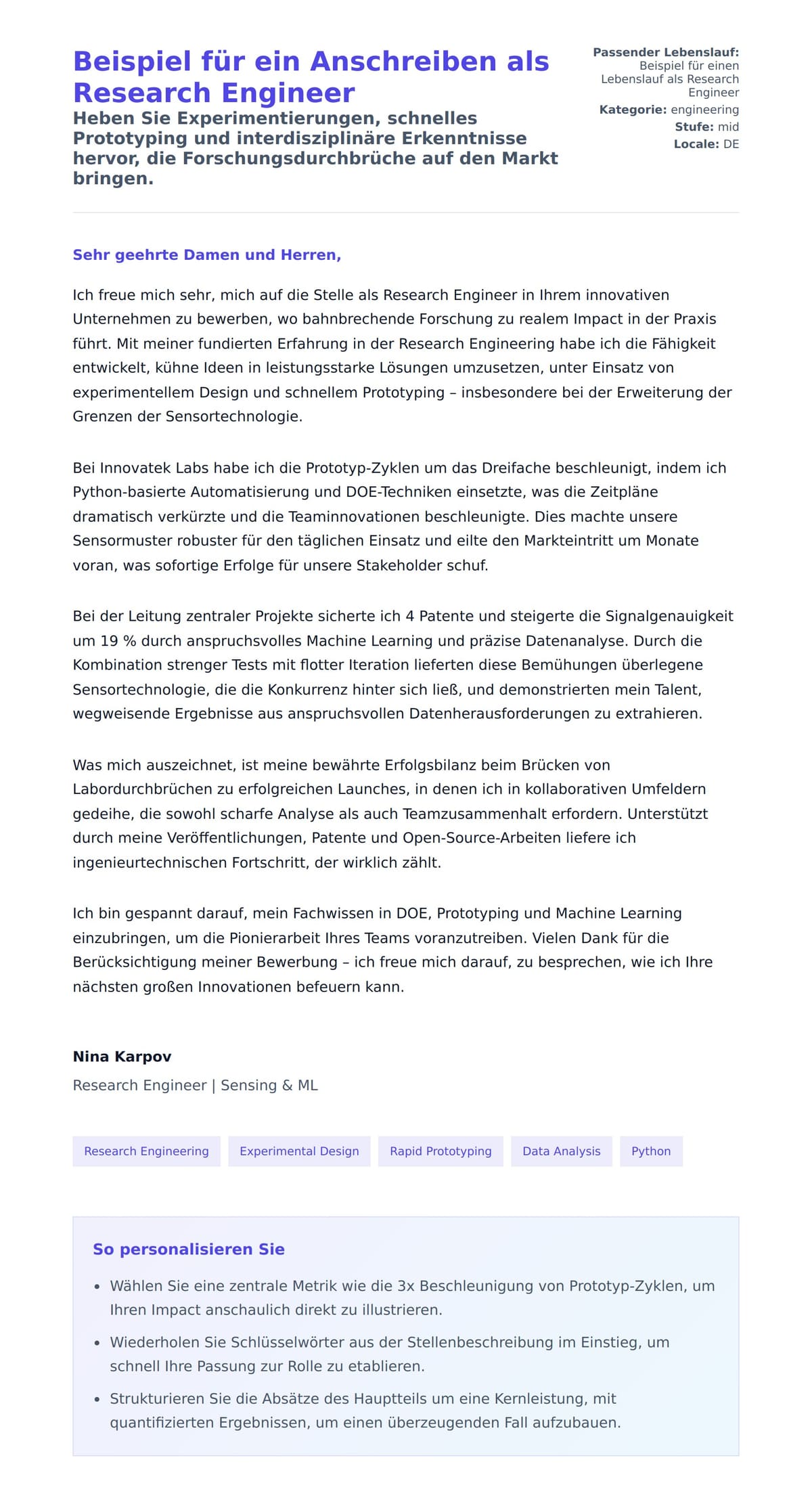 Anschreiben‑Vorschau für Beispiel für ein Anschreiben als Research Engineer