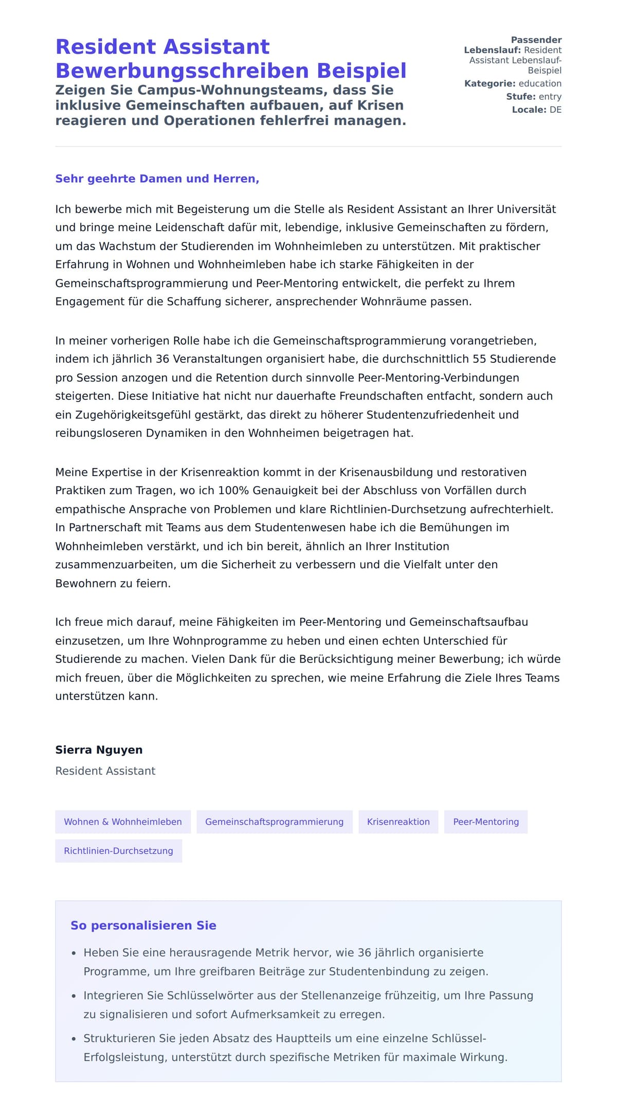 Anschreiben‑Vorschau für Resident Assistant Bewerbungsschreiben Beispiel