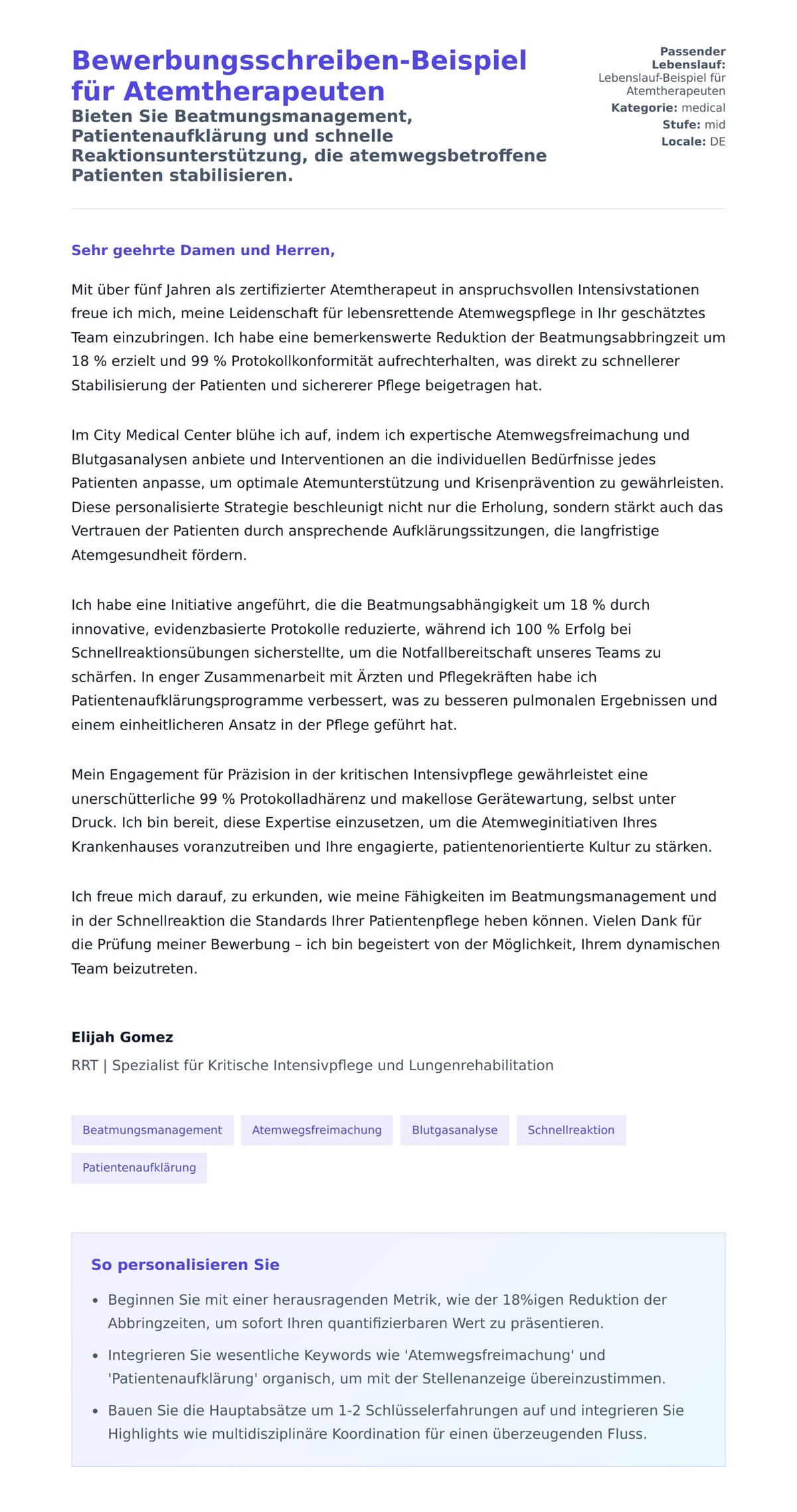 Anschreiben‑Vorschau für Bewerbungsschreiben-Beispiel für Atemtherapeuten