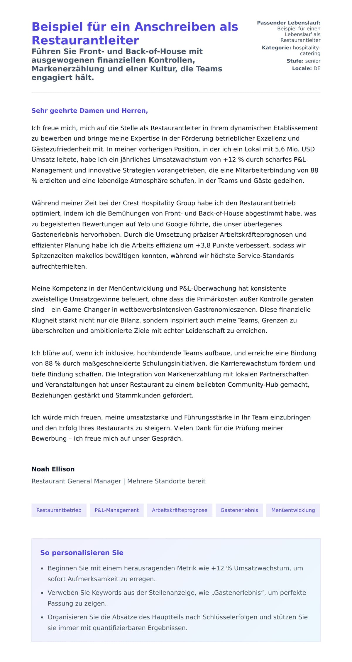Anschreiben‑Vorschau für Beispiel für ein Anschreiben als Restaurantleiter