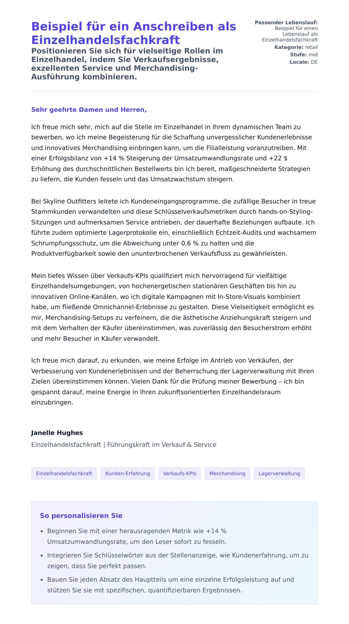 Anschreiben‑Vorschau für Beispiel für ein Anschreiben als Einzelhandelsfachkraft