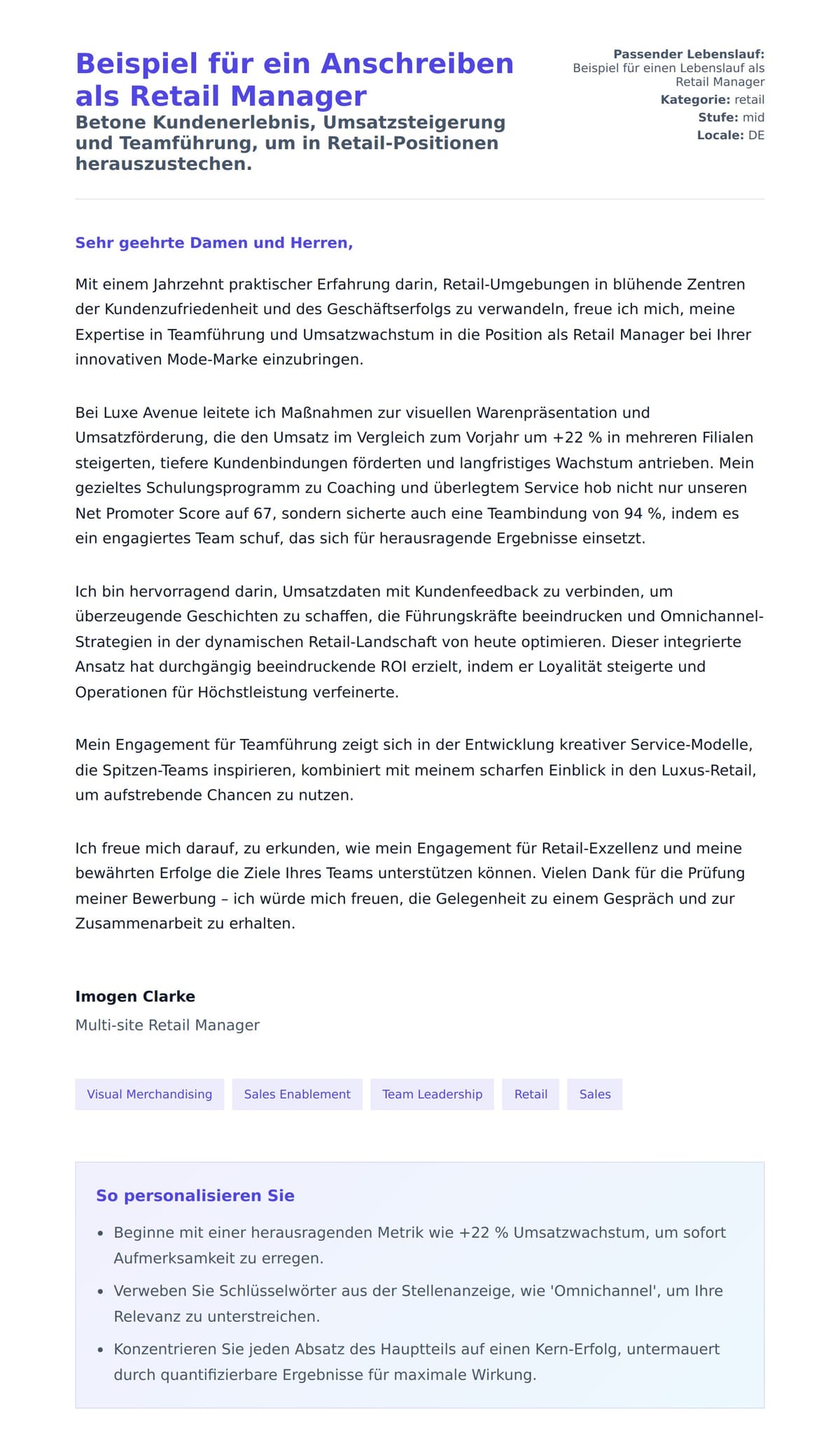 Anschreiben‑Vorschau für Beispiel für ein Anschreiben als Retail Manager