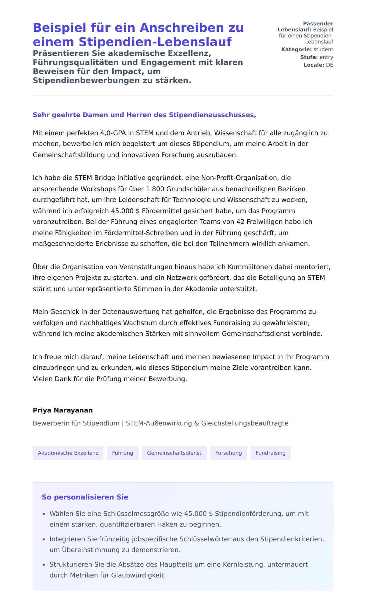 Anschreiben‑Vorschau für Beispiel für ein Anschreiben zu einem Stipendien-Lebenslauf