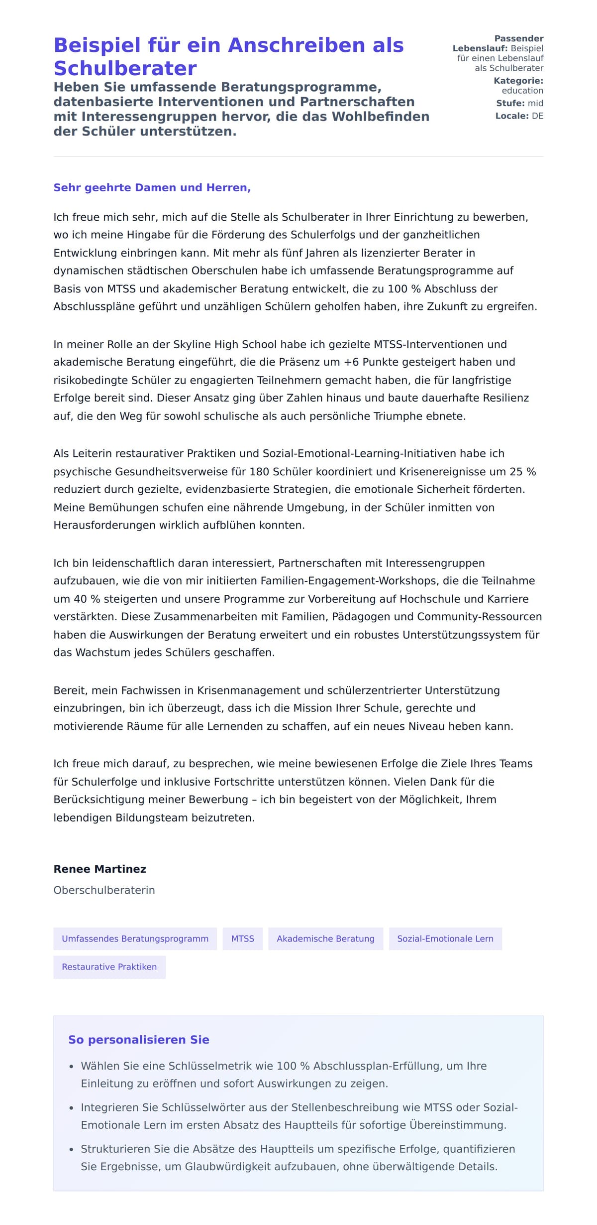 Anschreiben‑Vorschau für Beispiel für ein Anschreiben als Schulberater