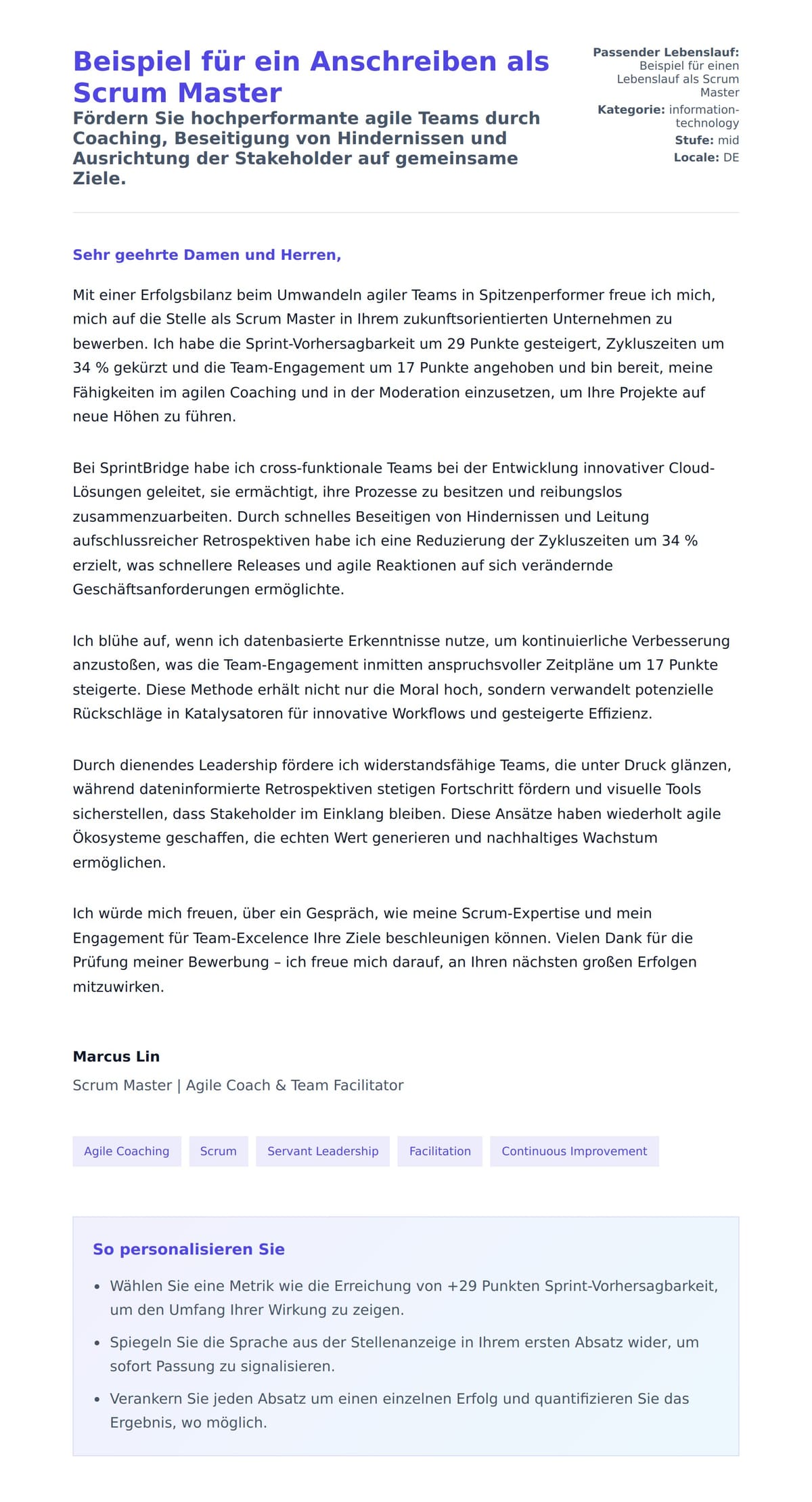 Anschreiben‑Vorschau für Beispiel für ein Anschreiben als Scrum Master