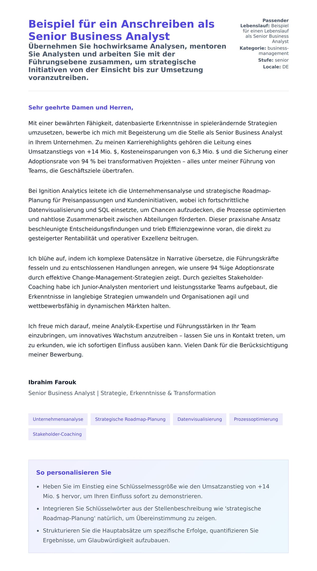 Anschreiben‑Vorschau für Beispiel für ein Anschreiben als Senior Business Analyst
