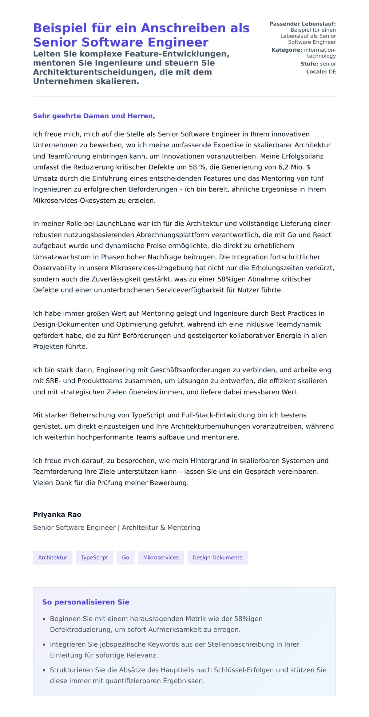 Anschreiben‑Vorschau für Beispiel für ein Anschreiben als Senior Software Engineer