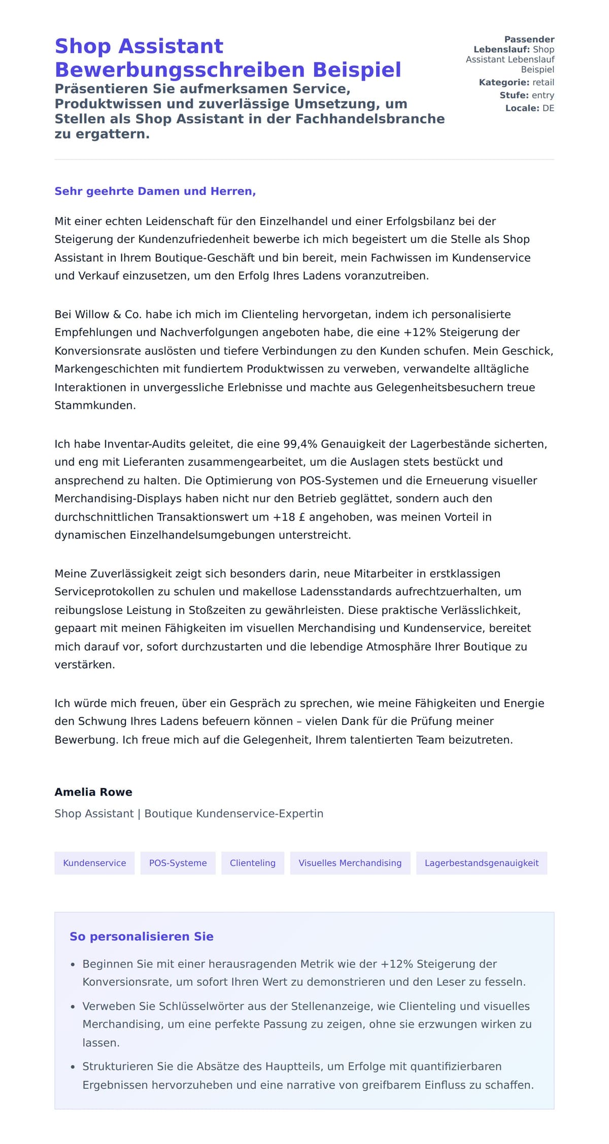 Anschreiben‑Vorschau für Shop Assistant Bewerbungsschreiben Beispiel