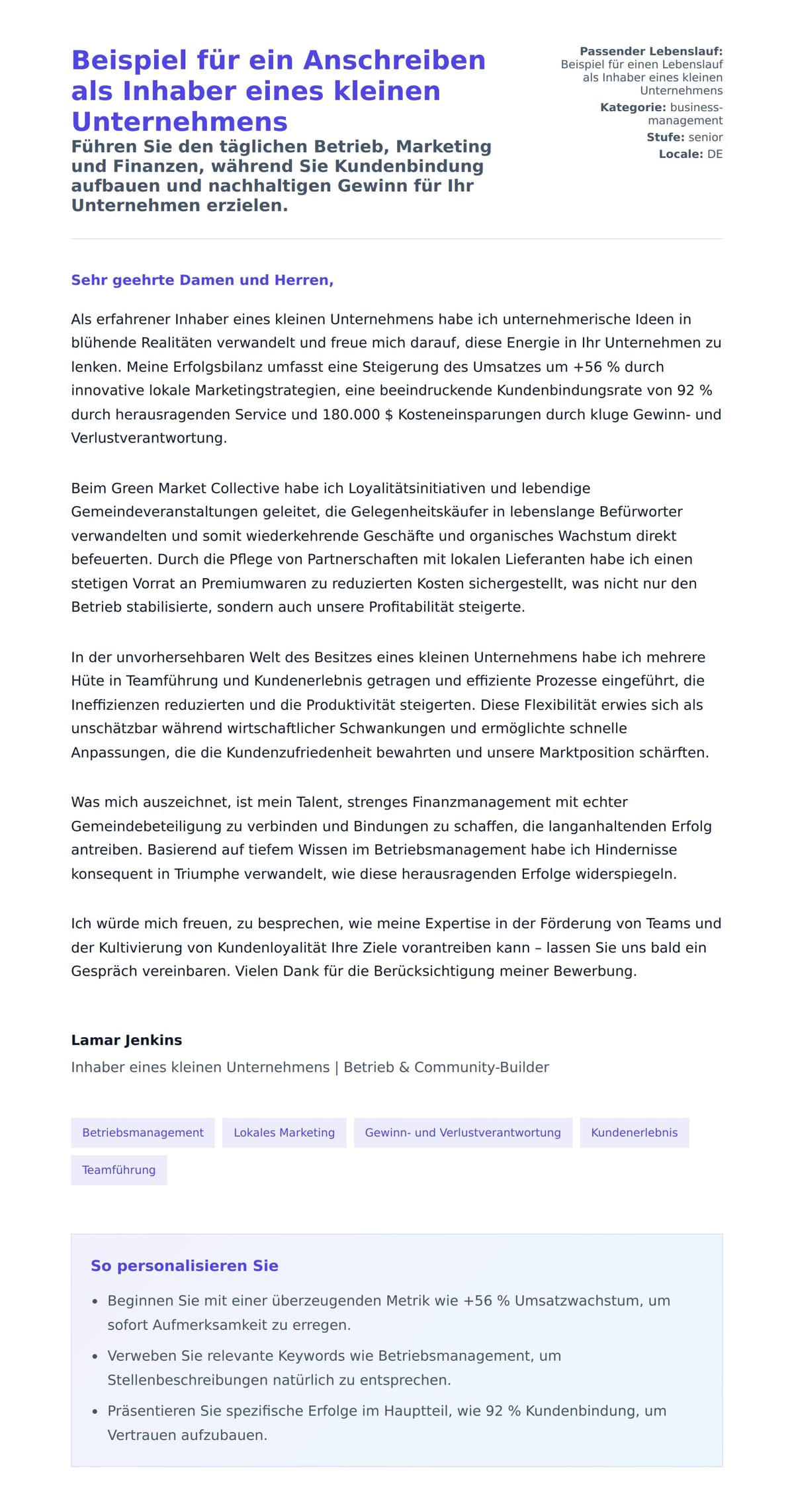 Anschreiben‑Vorschau für Beispiel für ein Anschreiben als Inhaber eines kleinen Unternehmens