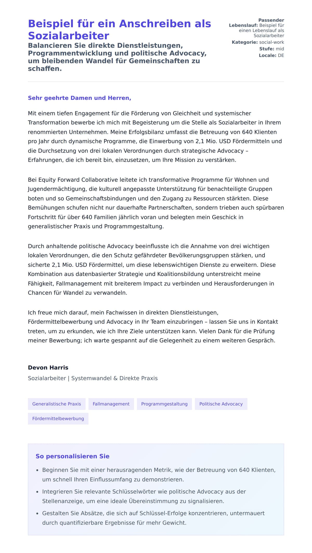 Anschreiben‑Vorschau für Beispiel für ein Anschreiben als Sozialarbeiter