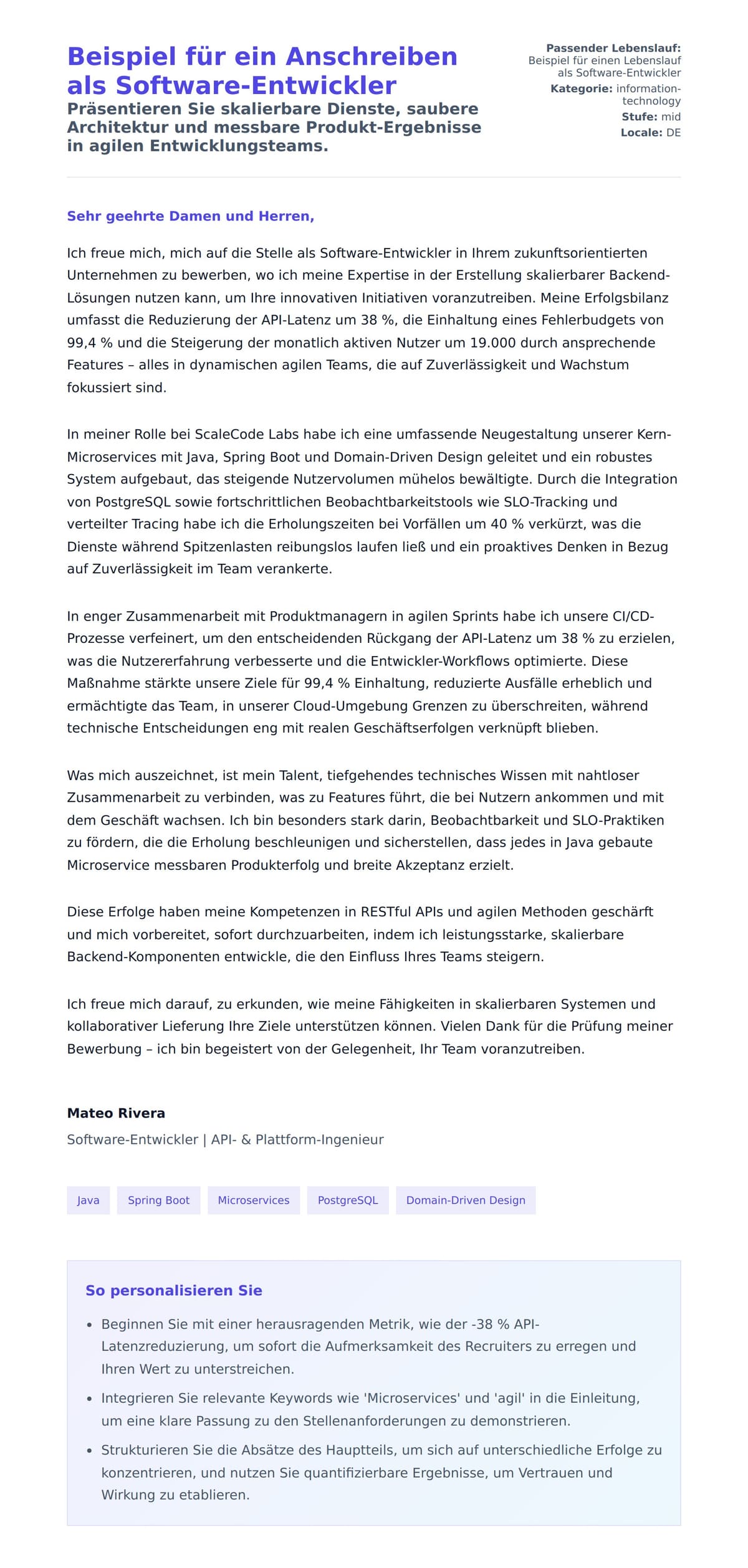 Anschreiben‑Vorschau für Beispiel für ein Anschreiben als Software-Entwickler