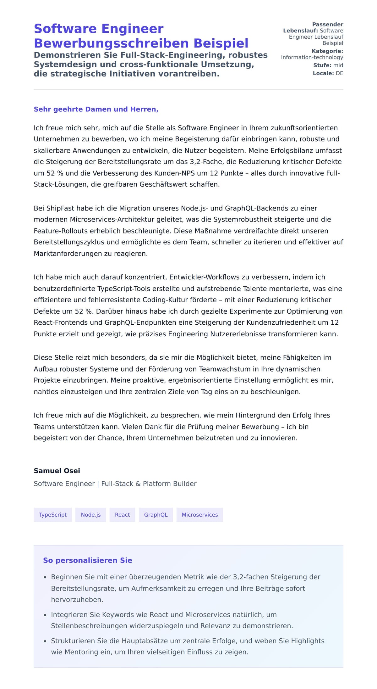 Anschreiben‑Vorschau für Software Engineer Bewerbungsschreiben Beispiel