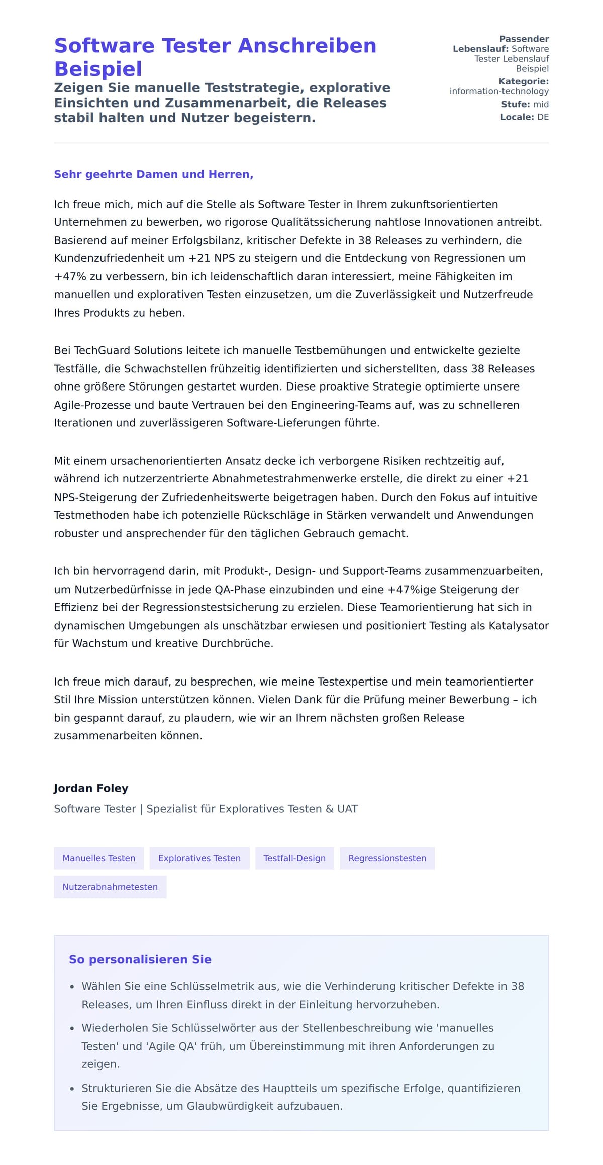 Anschreiben‑Vorschau für Software Tester Anschreiben Beispiel