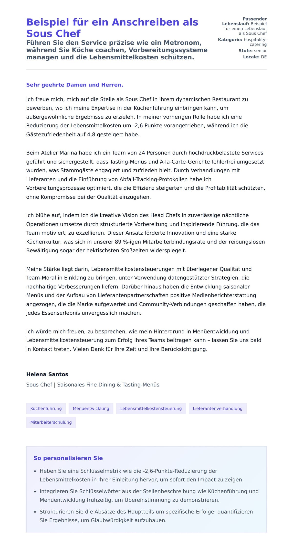 Anschreiben‑Vorschau für Beispiel für ein Anschreiben als Sous Chef
