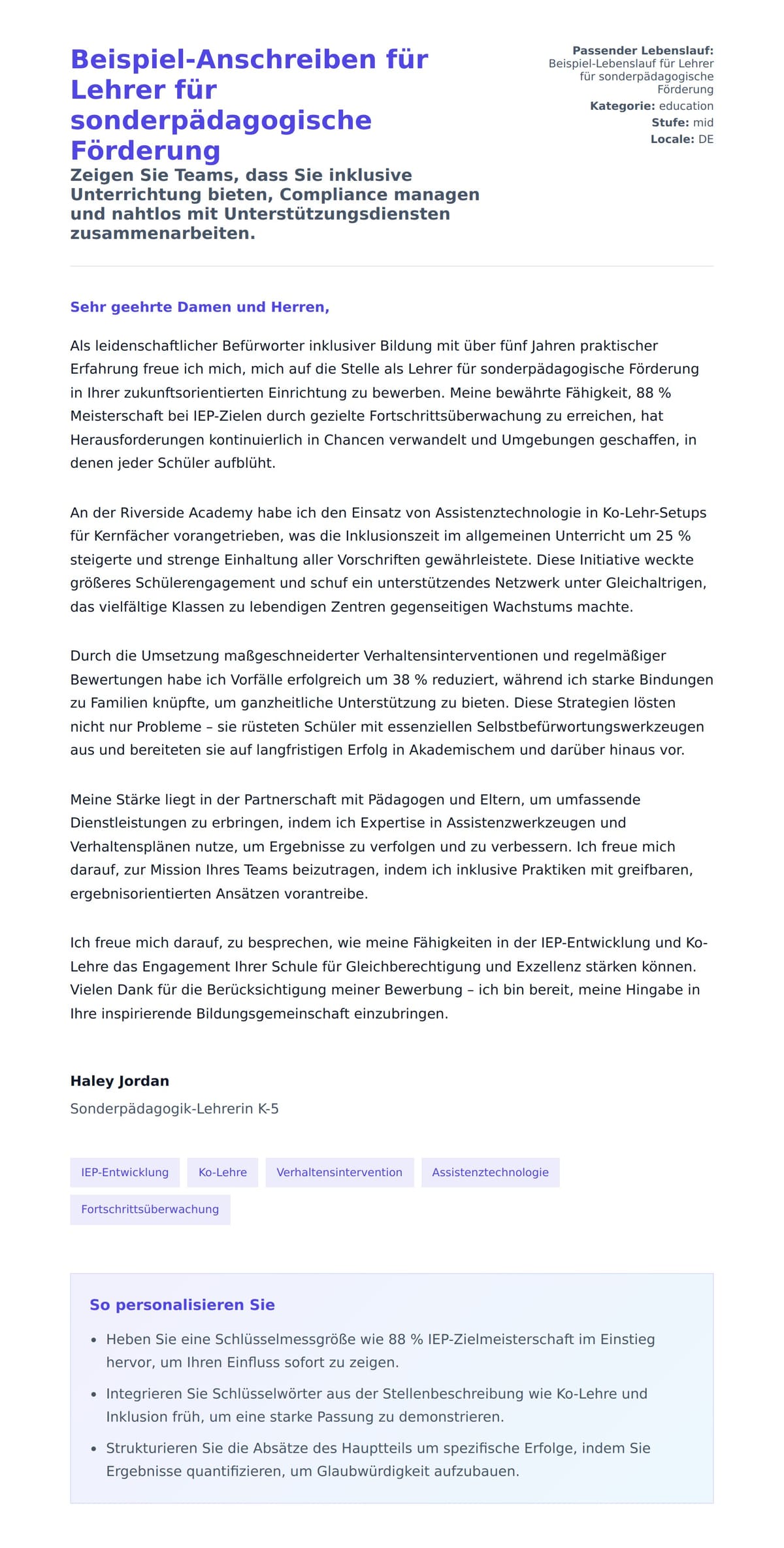 Anschreiben‑Vorschau für Beispiel-Anschreiben für Lehrer für sonderpädagogische Förderung