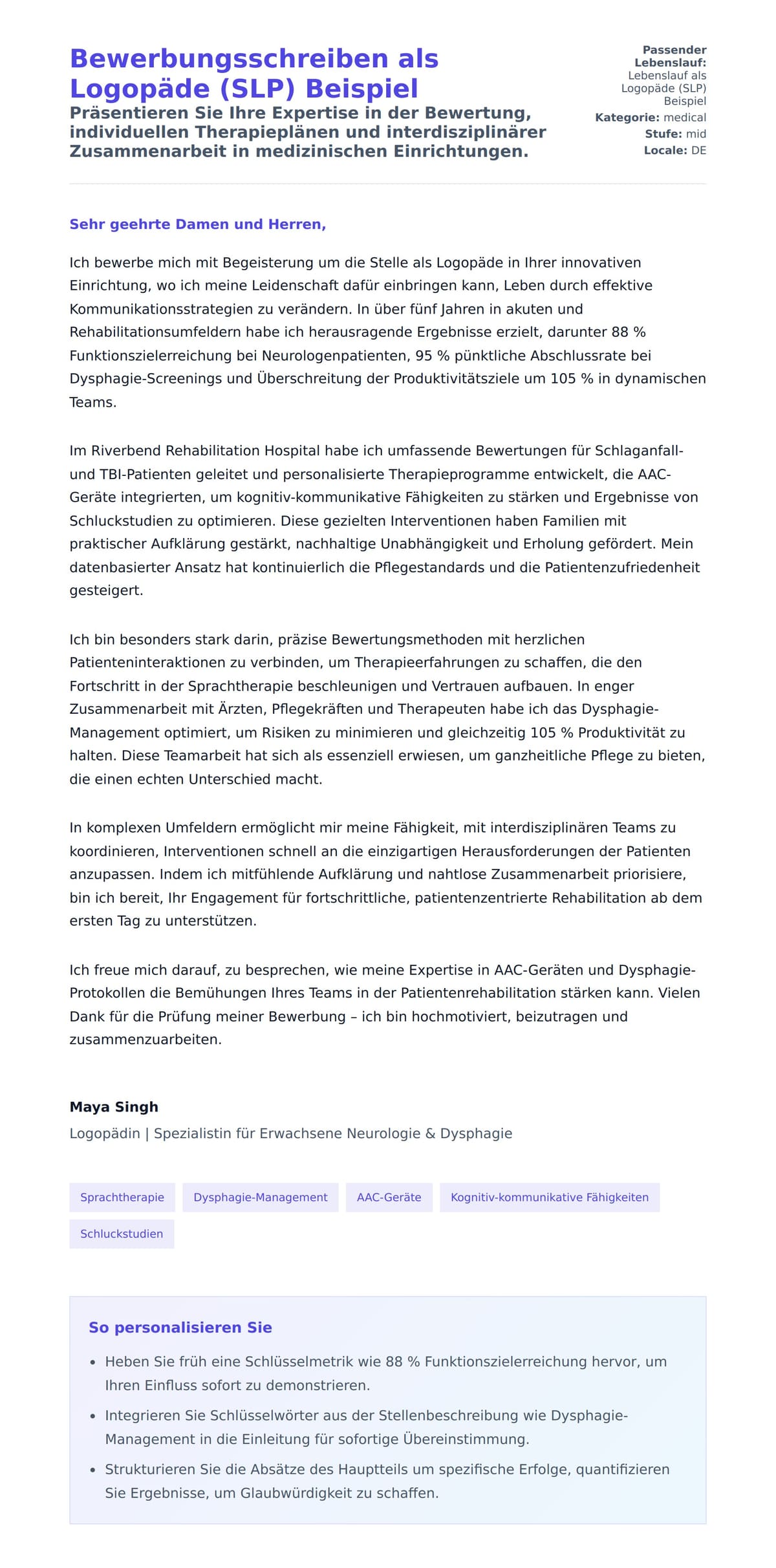 Anschreiben‑Vorschau für Bewerbungsschreiben als Logopäde (SLP) Beispiel