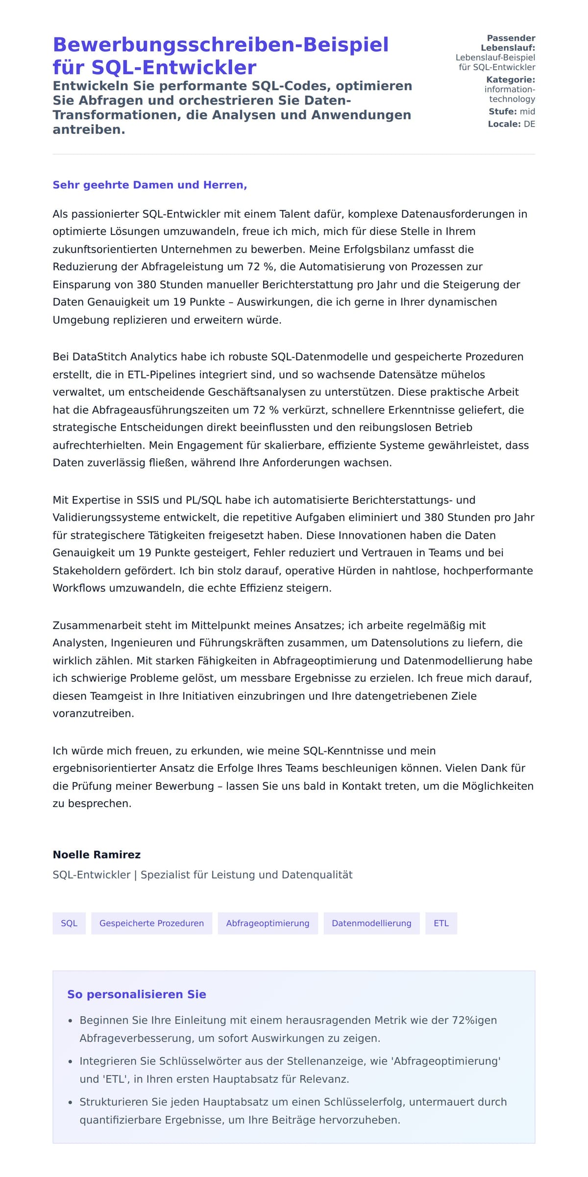 Anschreiben‑Vorschau für Bewerbungsschreiben-Beispiel für SQL-Entwickler
