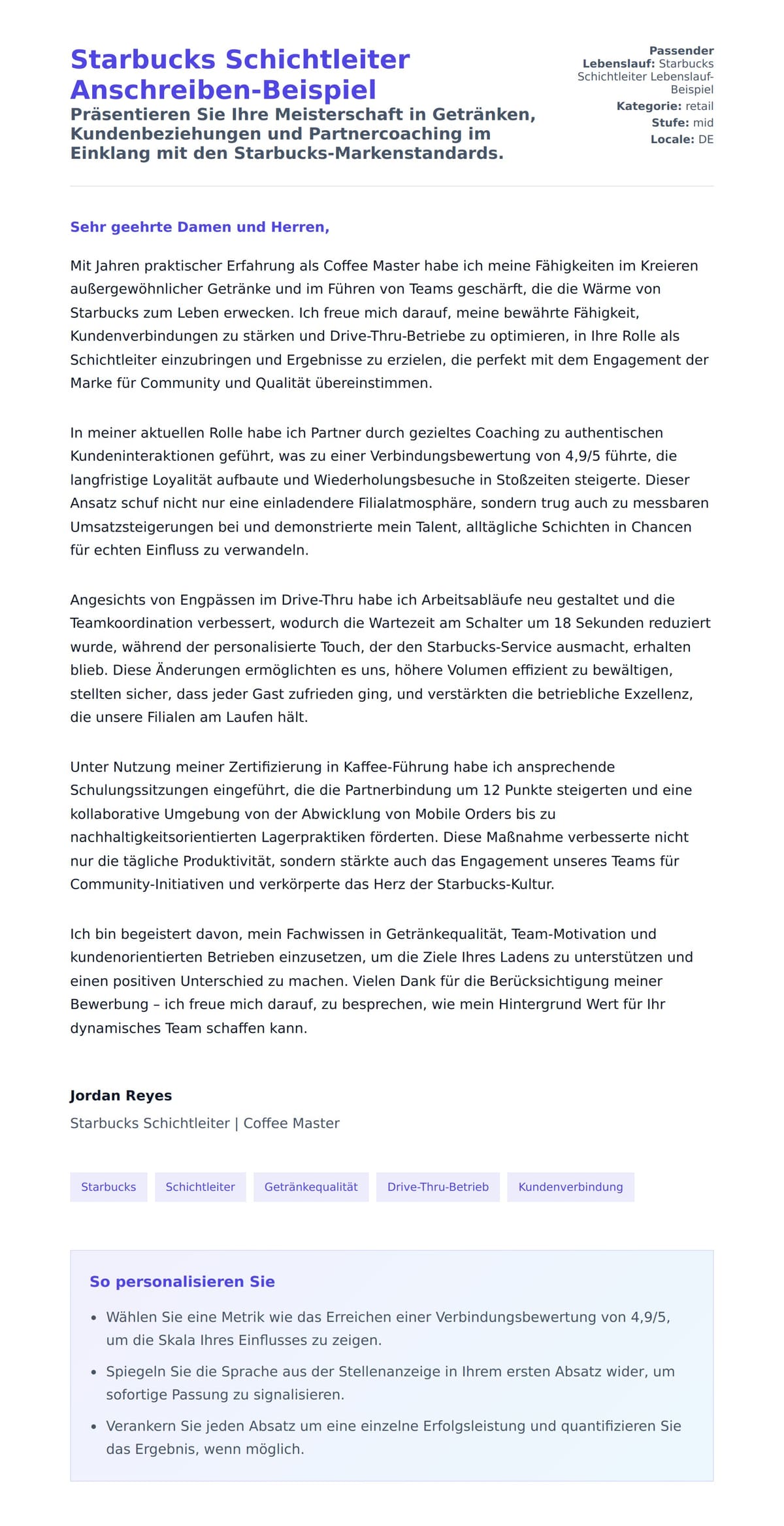 Anschreiben‑Vorschau für Starbucks Schichtleiter Anschreiben-Beispiel