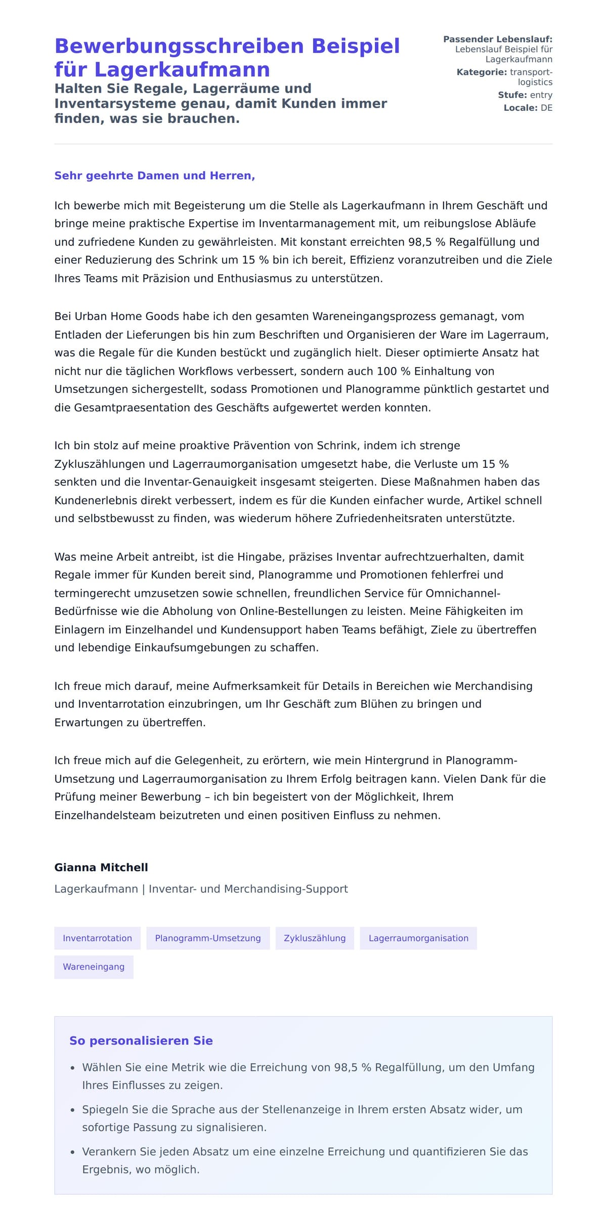 Anschreiben‑Vorschau für Bewerbungsschreiben Beispiel für Lagerkaufmann