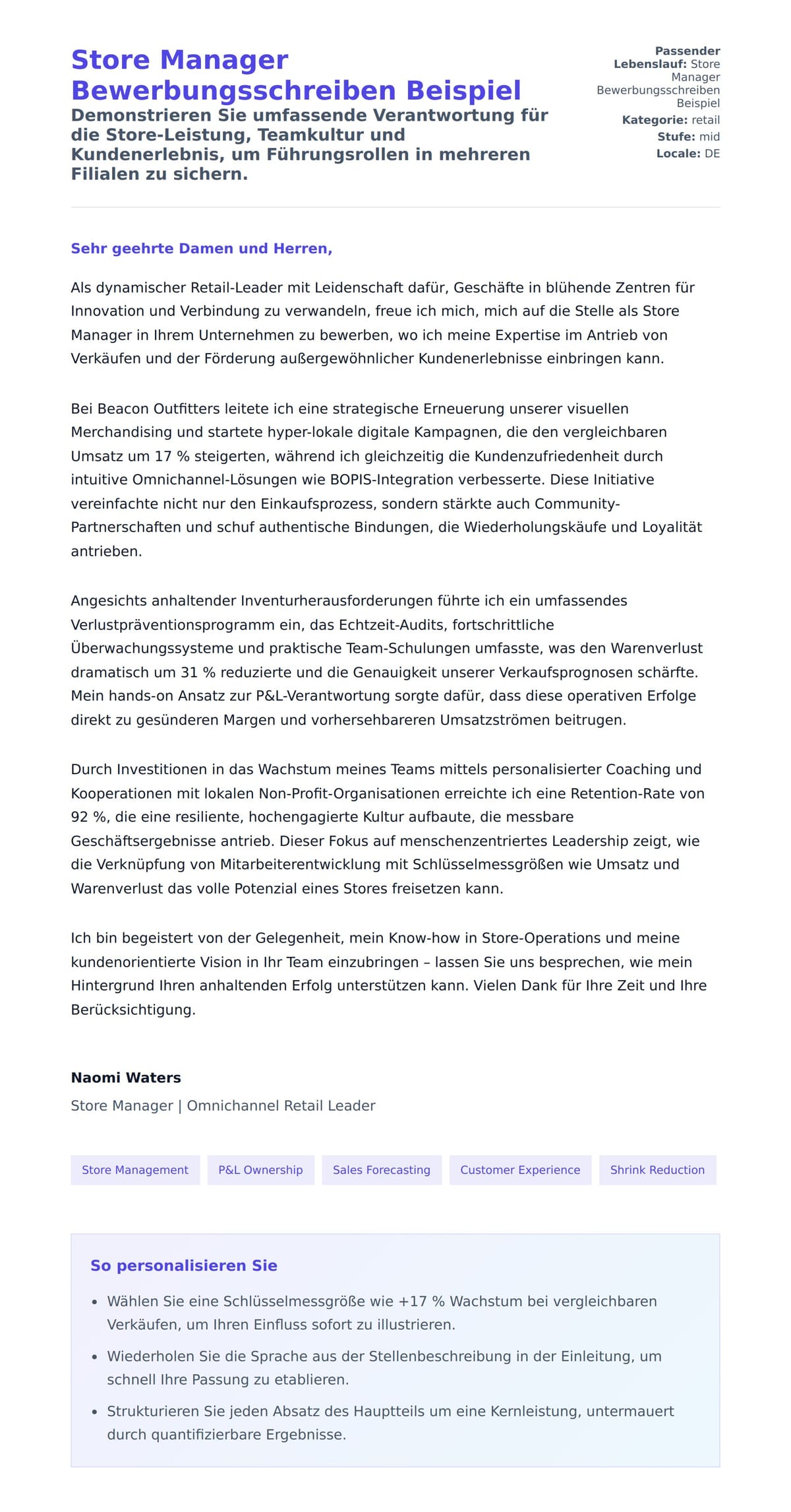 Anschreiben‑Vorschau für Store Manager Bewerbungsschreiben Beispiel