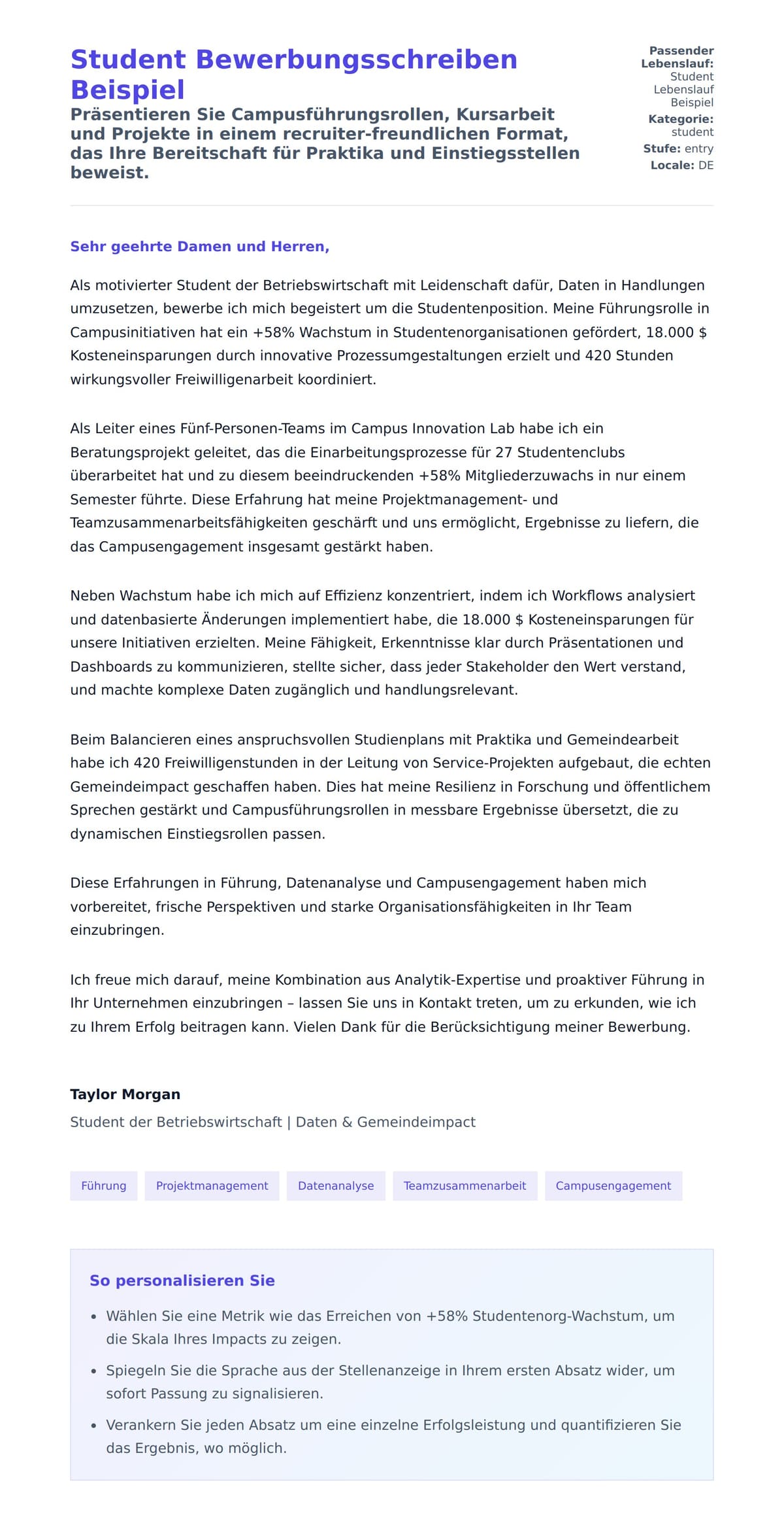 Anschreiben‑Vorschau für Student Bewerbungsschreiben Beispiel