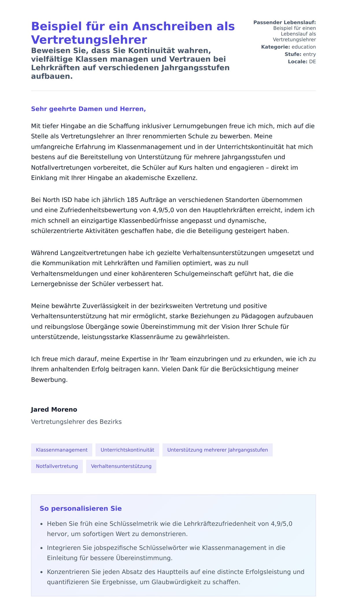 Anschreiben‑Vorschau für Beispiel für ein Anschreiben als Vertretungslehrer