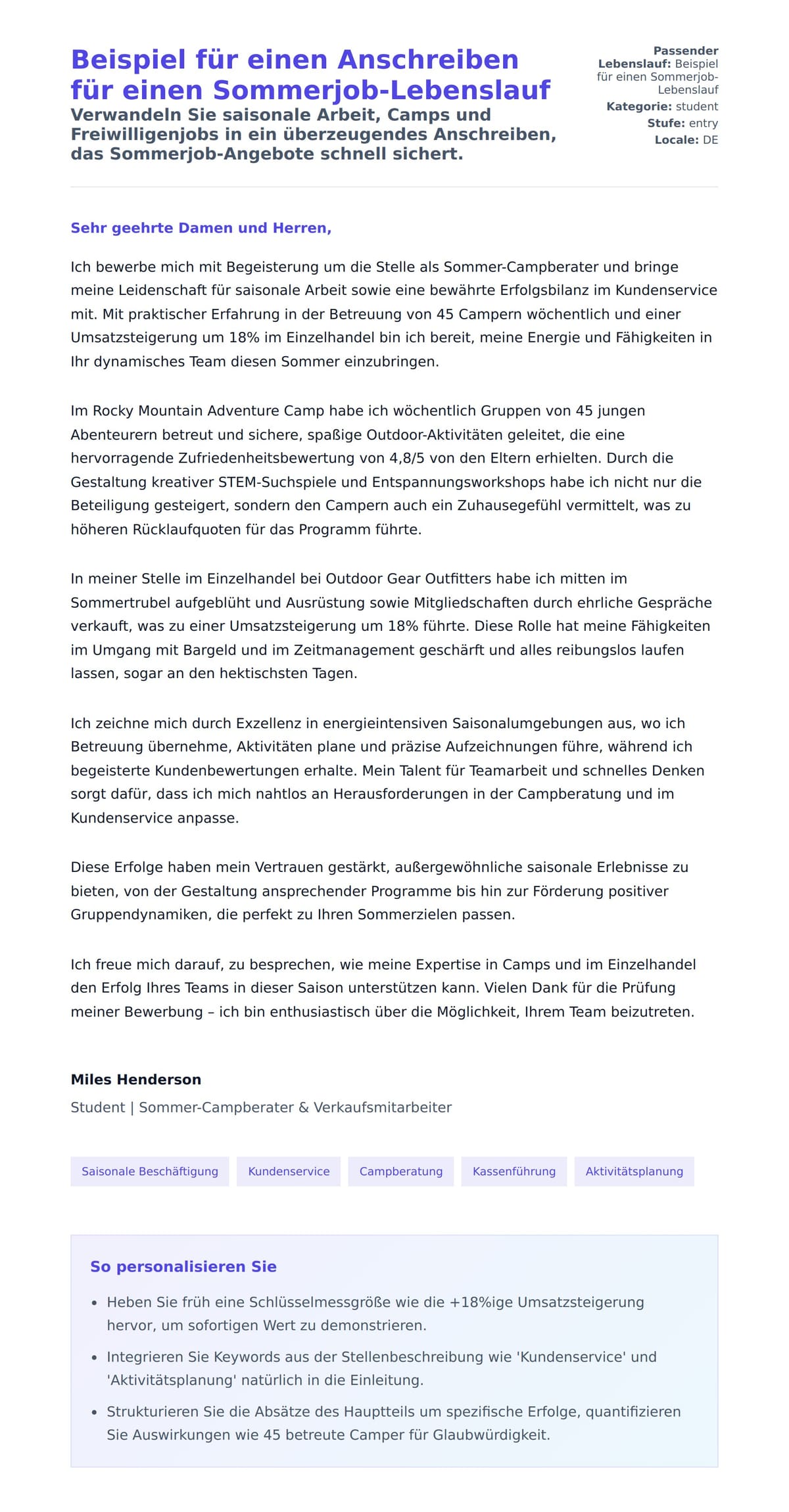 Anschreiben‑Vorschau für Beispiel für einen Anschreiben für einen Sommerjob-Lebenslauf