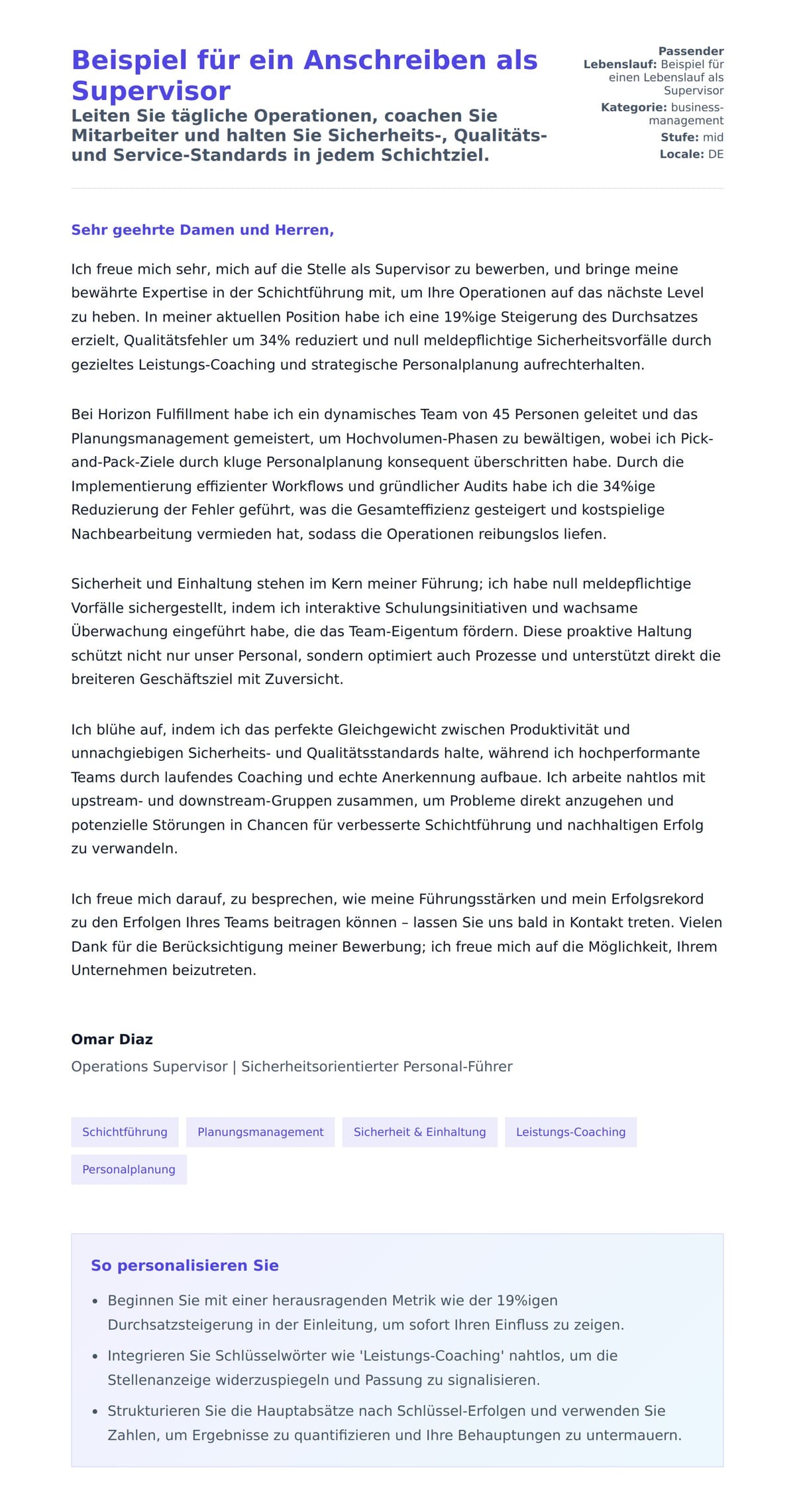 Anschreiben‑Vorschau für Beispiel für ein Anschreiben als Supervisor