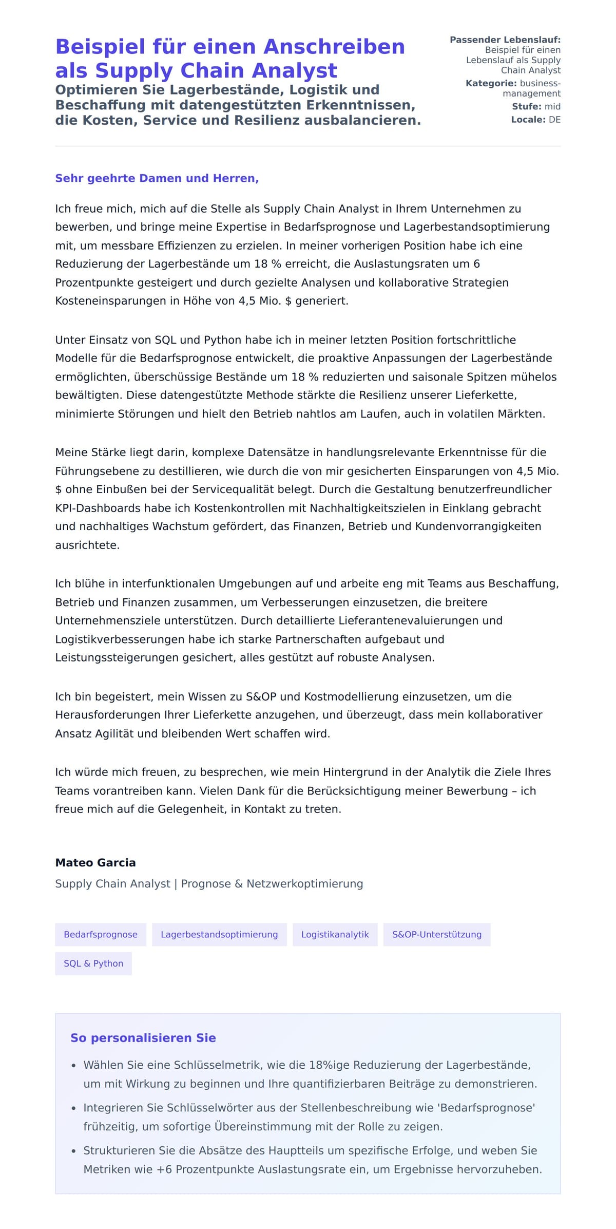 Anschreiben‑Vorschau für Beispiel für einen Anschreiben als Supply Chain Analyst
