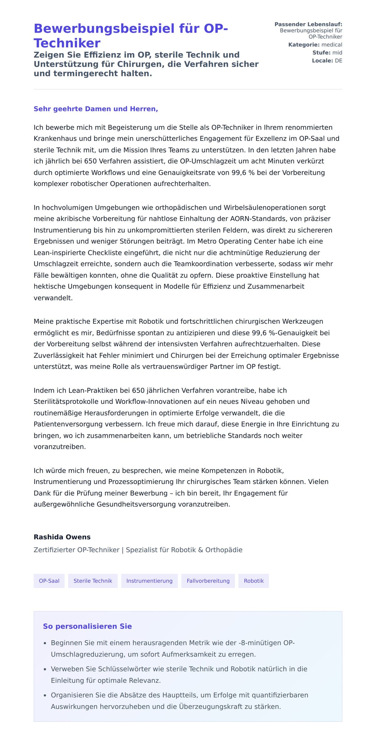 Anschreiben‑Vorschau für Bewerbungsbeispiel für OP-Techniker