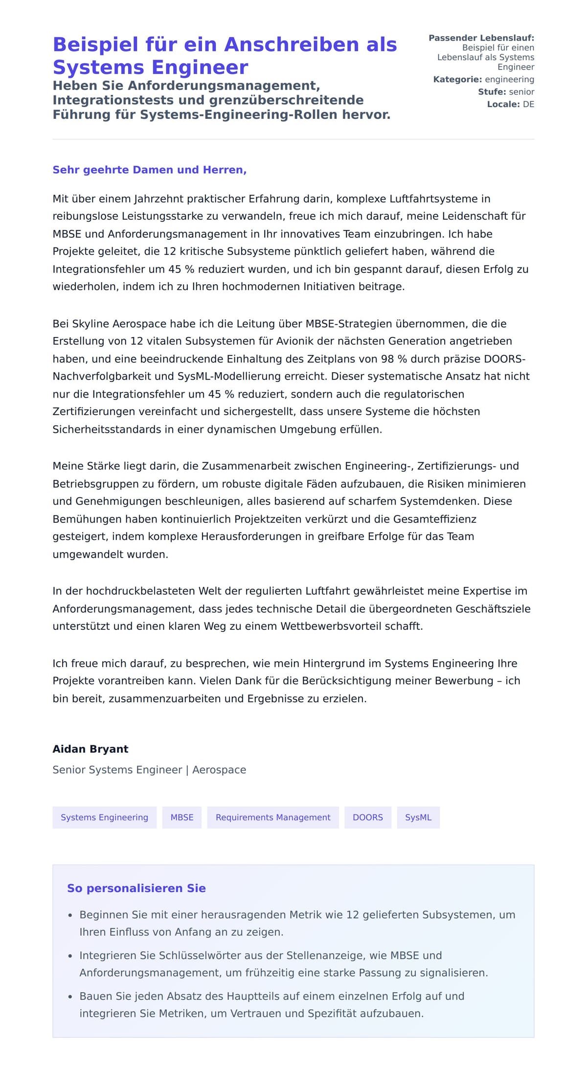 Anschreiben‑Vorschau für Beispiel für ein Anschreiben als Systems Engineer