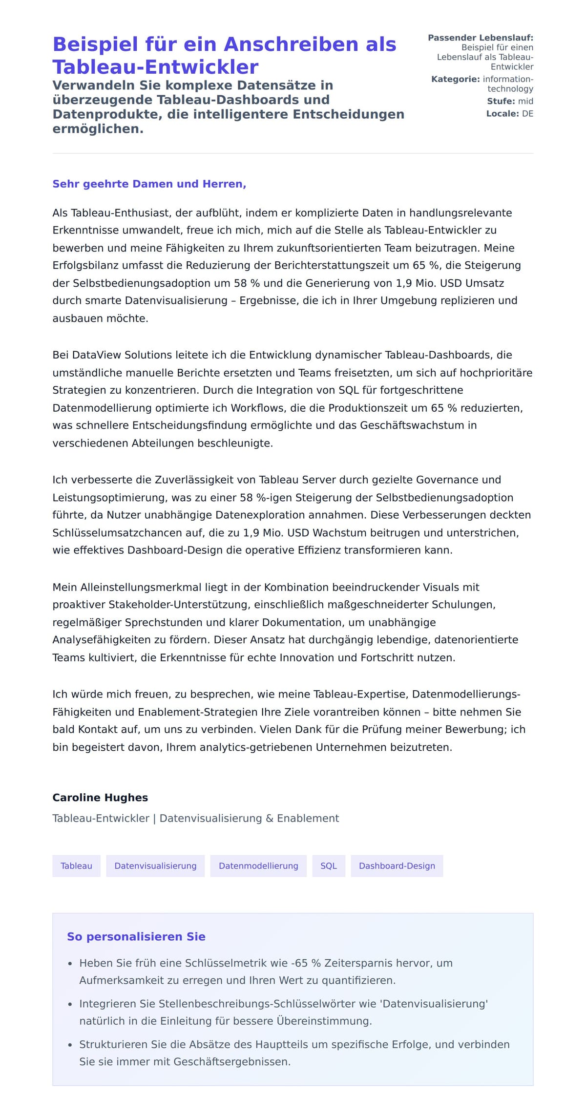 Anschreiben‑Vorschau für Beispiel für ein Anschreiben als Tableau-Entwickler