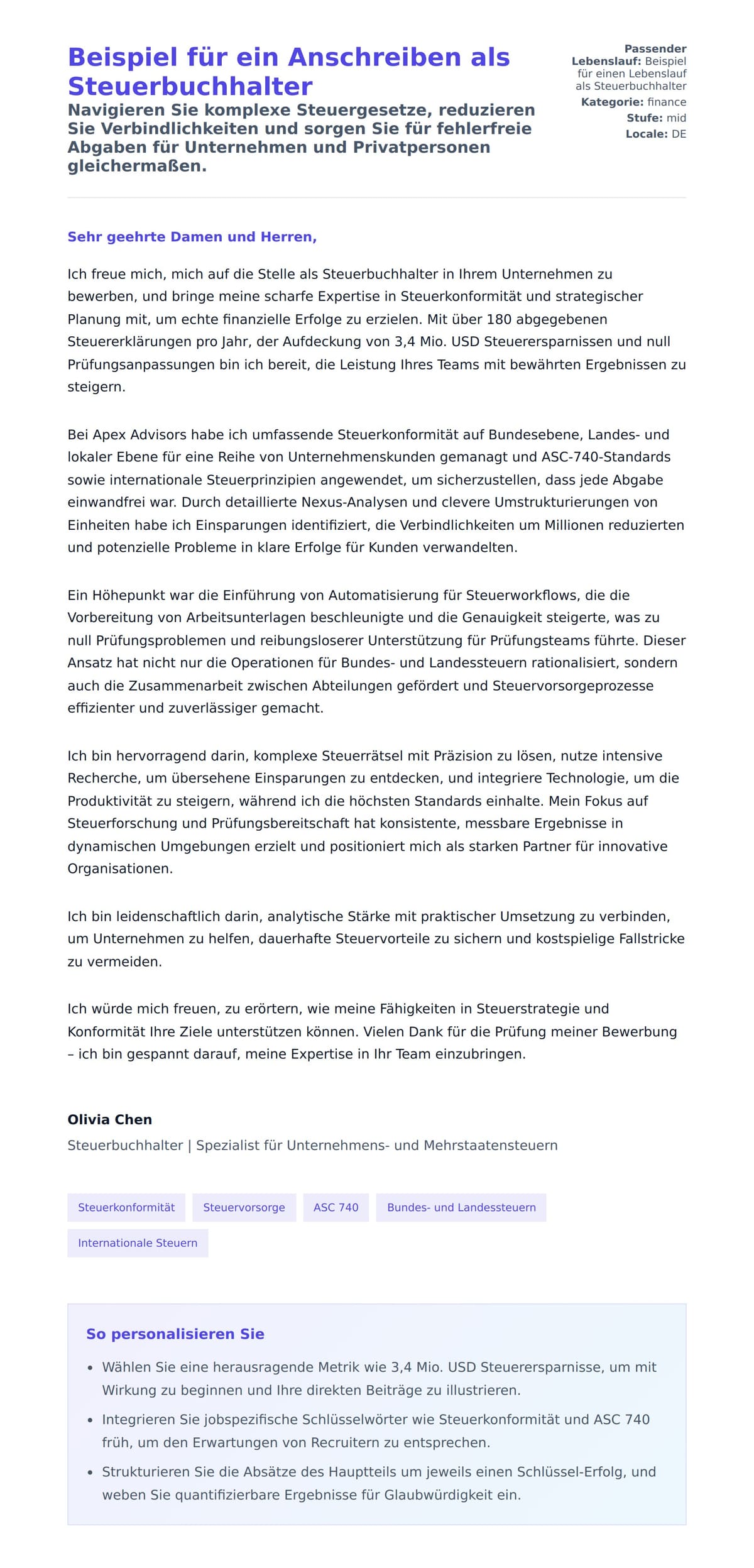 Anschreiben‑Vorschau für Beispiel für ein Anschreiben als Steuerbuchhalter