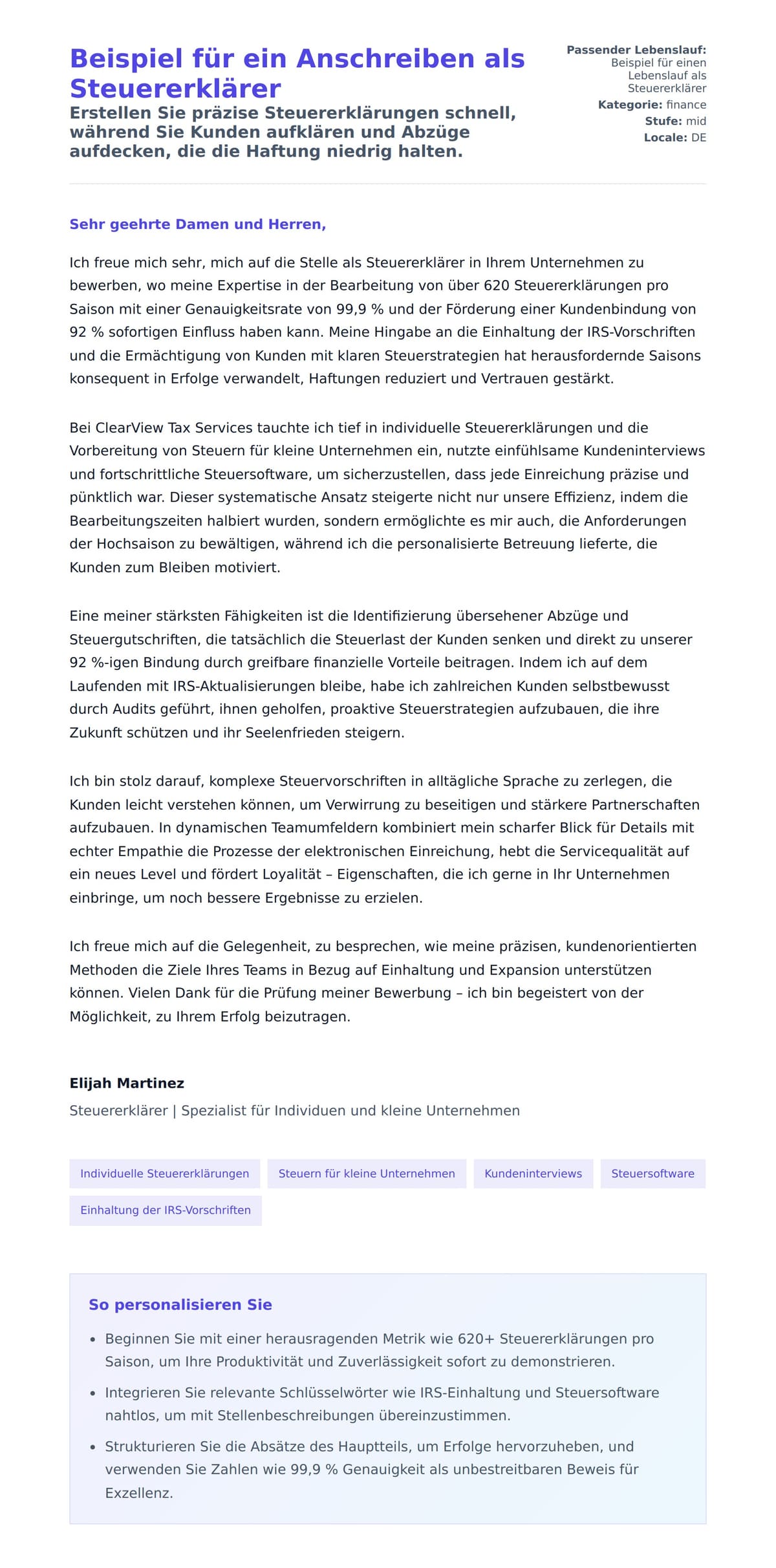 Anschreiben‑Vorschau für Beispiel für ein Anschreiben als Steuererklärer