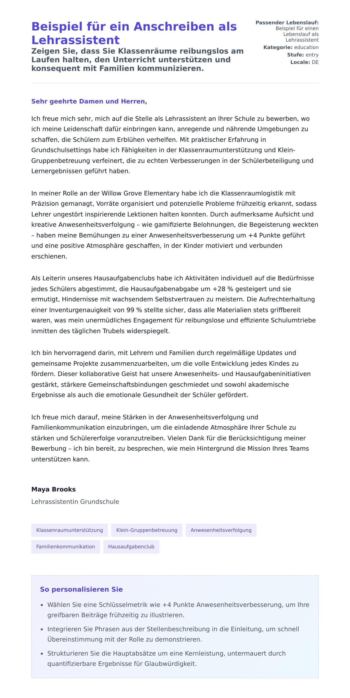 Anschreiben‑Vorschau für Beispiel für ein Anschreiben als Lehrassistent