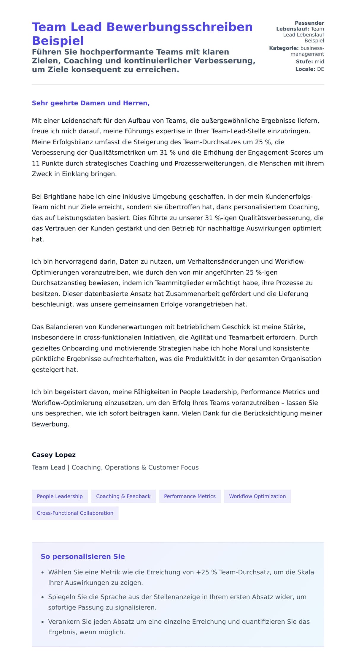 Anschreiben‑Vorschau für Team Lead Bewerbungsschreiben Beispiel