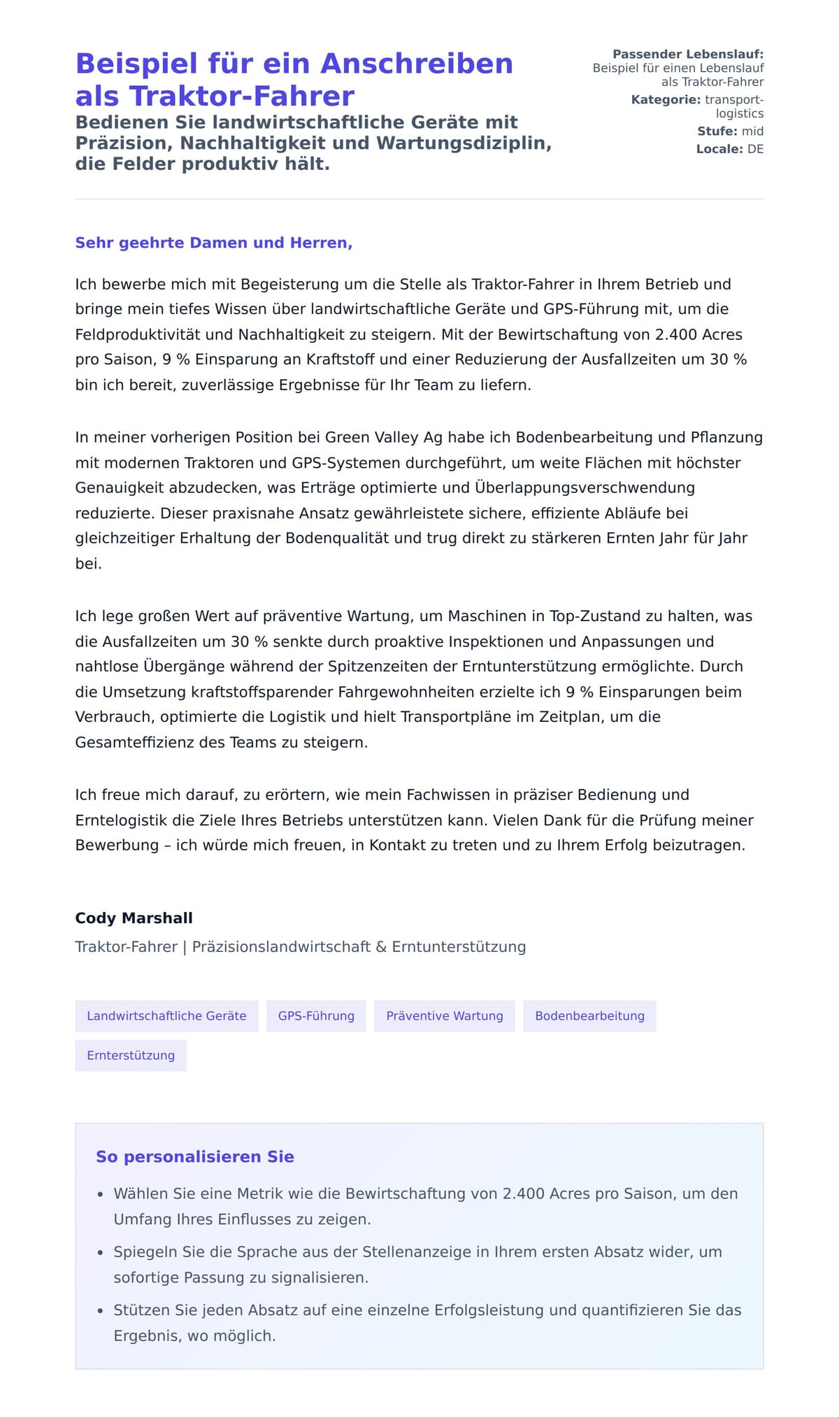 Anschreiben‑Vorschau für Beispiel für ein Anschreiben als Traktor-Fahrer