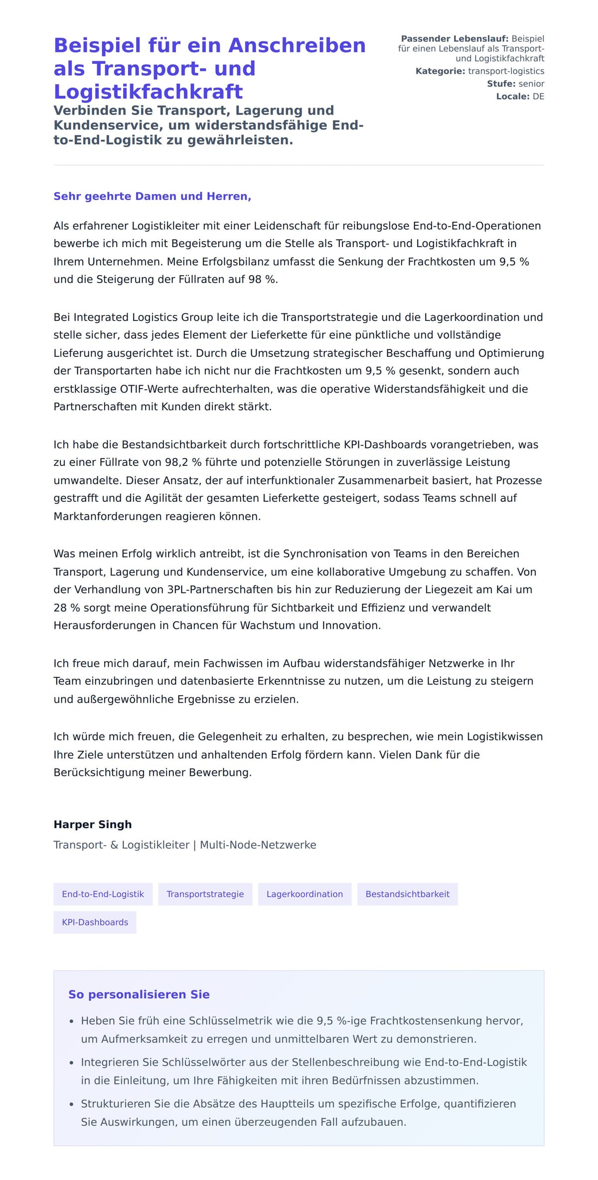 Anschreiben‑Vorschau für Beispiel für ein Anschreiben als Transport- und Logistikfachkraft